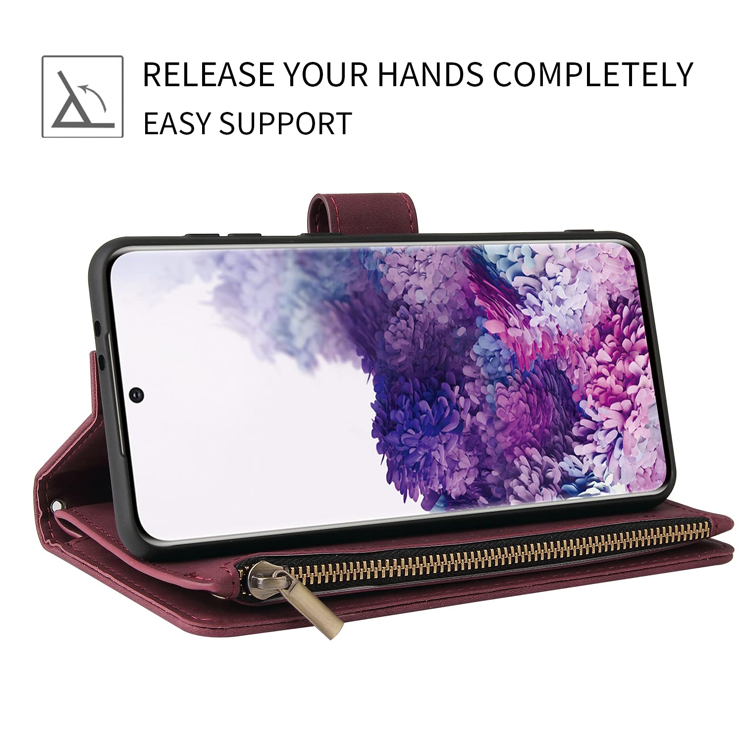 QLTYPRI Samsung Galaxy S24 Ultra 5G Wallet Case - Genuine Leather Flip Cover with 6 Card Slots, Zippered Coin Pocket, Kickstand & Wrist Strap - Protective Phone Case for Business & Travel Use