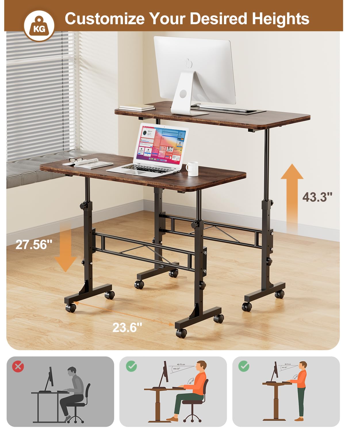 Adjustable Height Small Standing Desk with Wheels - 32 Inch Portable Mobile Stand Up Desk for Home Office, Walking Pad Treadmill & Workspace - Rustic Rolling Desk for Ergonomic Workstation
