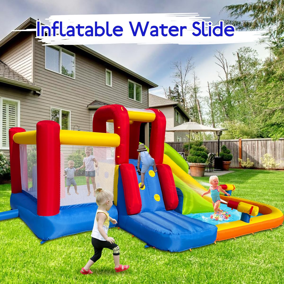 **Inflatable Bounce House with Water Slide for Kids - Double Cannon, Splash Pool, 2 Climbing Walls & Obstacles - Blow Up Jumping Castle with Blower - Perfect for Backyard Parties, Summer Fun & Outdoor Play**
