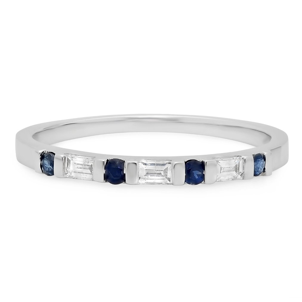 18K Solid White Gold Blue Sapphire & White Diamond Stackable Wedding Band Ring for Women - Anniversary, Engagement, Bridal Jewelry Gift - Perfect for Stacking, Everyday Wear & Special Occasions