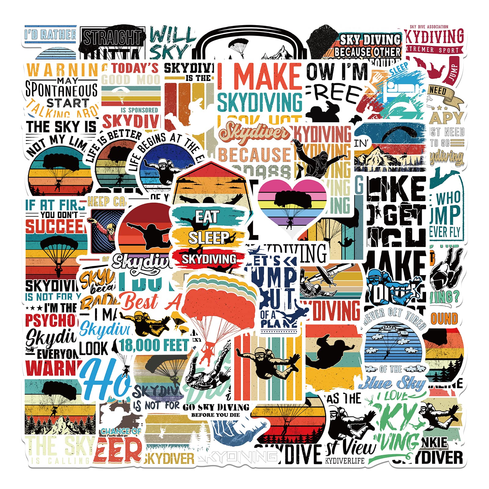 52 PCS Skydiving Stickers - Waterproof Parachute & Extreme Sports Decals for Water Bottles, Laptops, Helmets - Perfect Gift for Skydivers, Parachutists, Adventurers, Adults, Teens & Kids - Great for Outdoor Gear, Travel Accessories & Extreme Sports Equipment