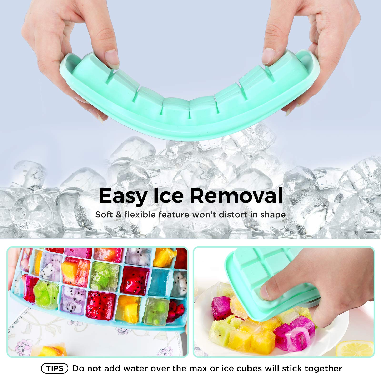 Premium Soft Silicone Ice Cube Tray with Secure PP Lid - Flexible Freezer-Safe Ice Mold (24 Cubes, Blue) for Cocktails, Smoothies & Party Drinks