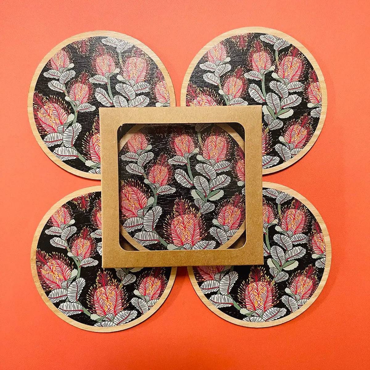 Elegant Coral Banksias Coaster and Napkin Set - 6-Piece Tableware for Dining, Entertaining, and Home Decor - Perfect for Dinner Parties, Weddings, and Gifts
