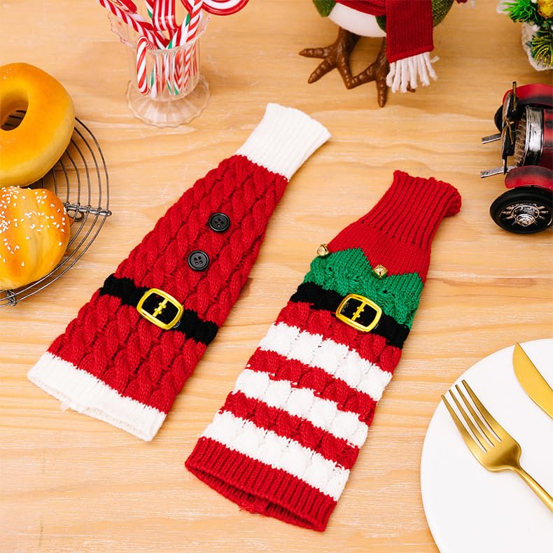 Christmas Wine Bottle Cover & Knitted Wine Bag Set - Holiday Wine Bottle & Glass Holder - Festive Knitted Wine Bottle Dress Up Decor for Christmas Parties & Gifts