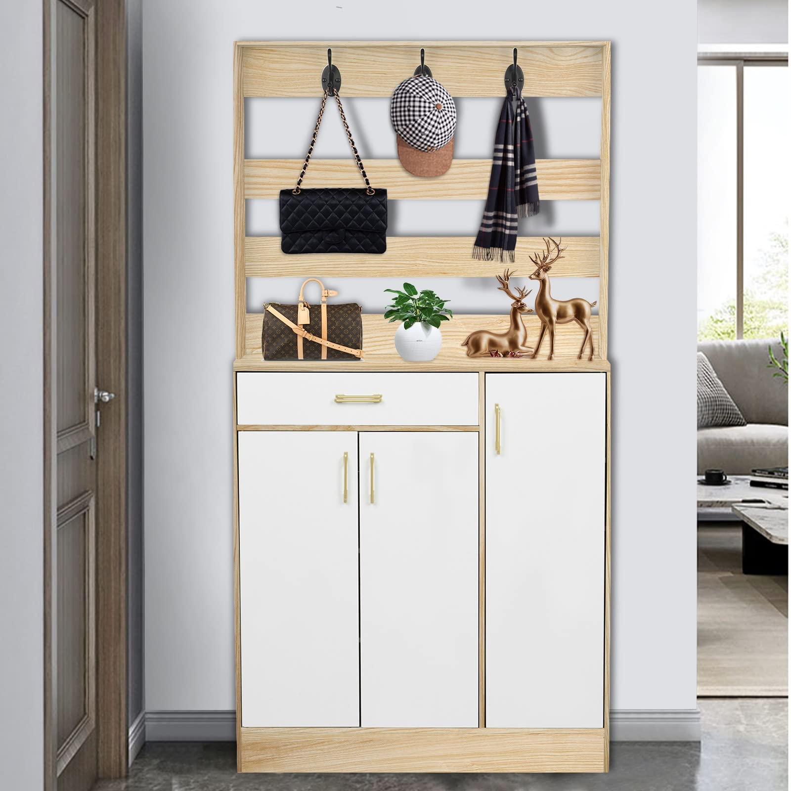 TOHOSP Entryway Storage Cabinet - Coat Rack & Shoe Organizer with Integrated Shelves, Yellow | Perfect for Small Spaces, Apartments & Home Organization