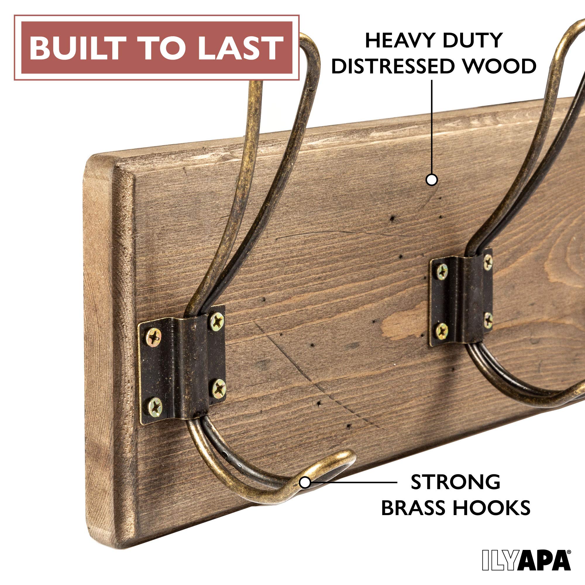Rustic Wooden Wall Mounted Coat Rack with 6 Antique Brass Hooks - Distressed Wood Entryway Organizer for Hats, Scarves, Bags & Jackets - Perfect for Hallway, Mudroom, Bedroom & Apartment Decor