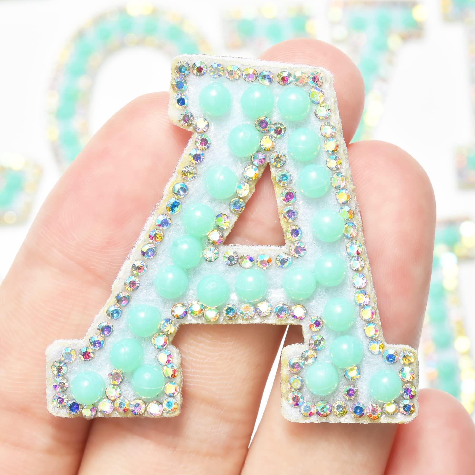 Jongdari 26pcs A-Z Iron On Pearl Letter Patches with Glitter Rhinestones - DIY Sew On Alphabet Patches for Clothes, Bags, Hats (Light Aquamarine) | Perfect for Customizing Denim Jackets, Backpacks & Fashion Accessories