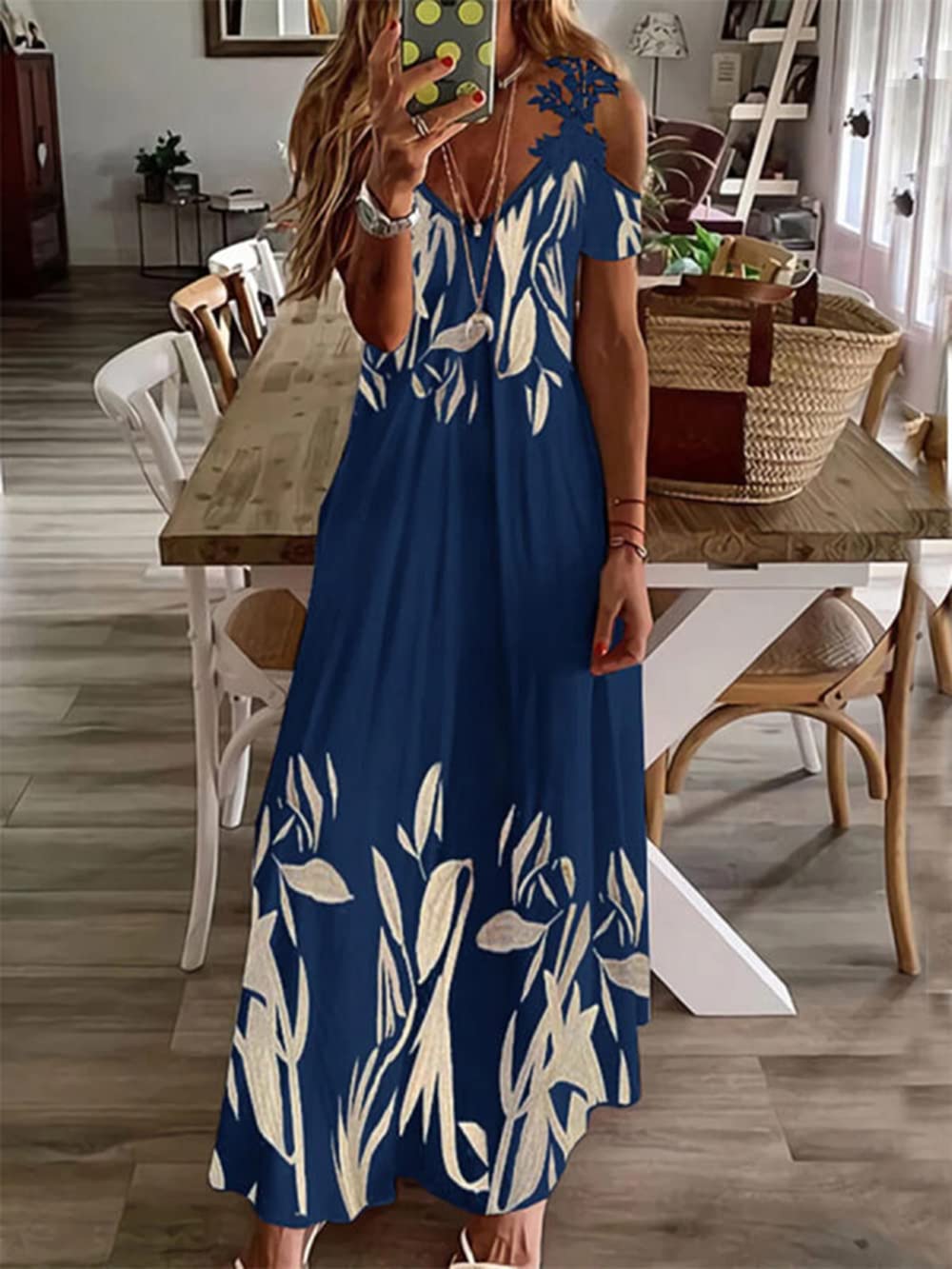 Women's Summer Cold Shoulder Maxi Long Dress - V-Neck Floral Print Casual Sundress for Beach, Vacation & Outdoor Parties | Lightweight & Breathable Fabric