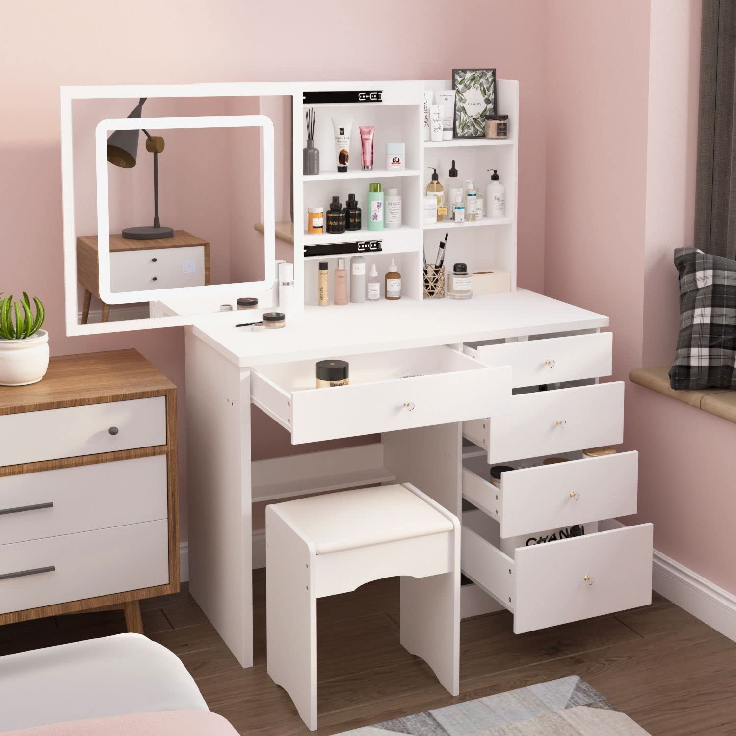 White Wood Makeup Vanity Set with Lighted Mirror & Stool for Dressing Room