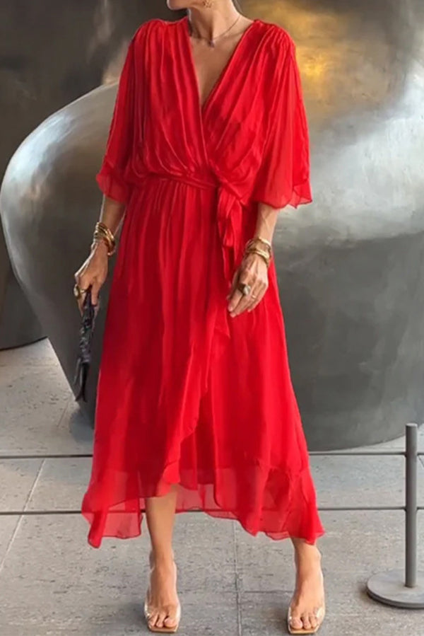 Elegant Solid Color V-Neck Batwing Sleeve Lace-Up Asymmetrical Hem Midi Dress for Women | Party, Cocktail, Wedding & Evening Occasions