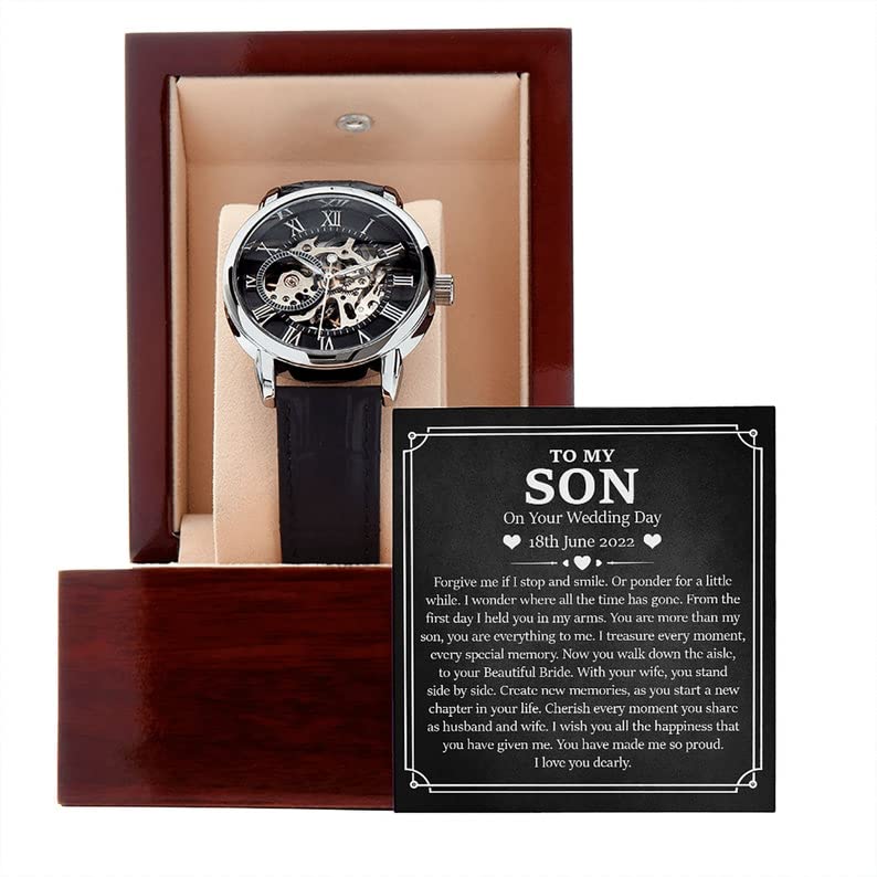 Luxury Openwork Men's Watch with Engraved Message Card - Perfect Wedding Gift for Son from Mom, Groom Present, Father's Day Gift - Elegant Mahogany Style Watch for Formal Occasions & Special Events