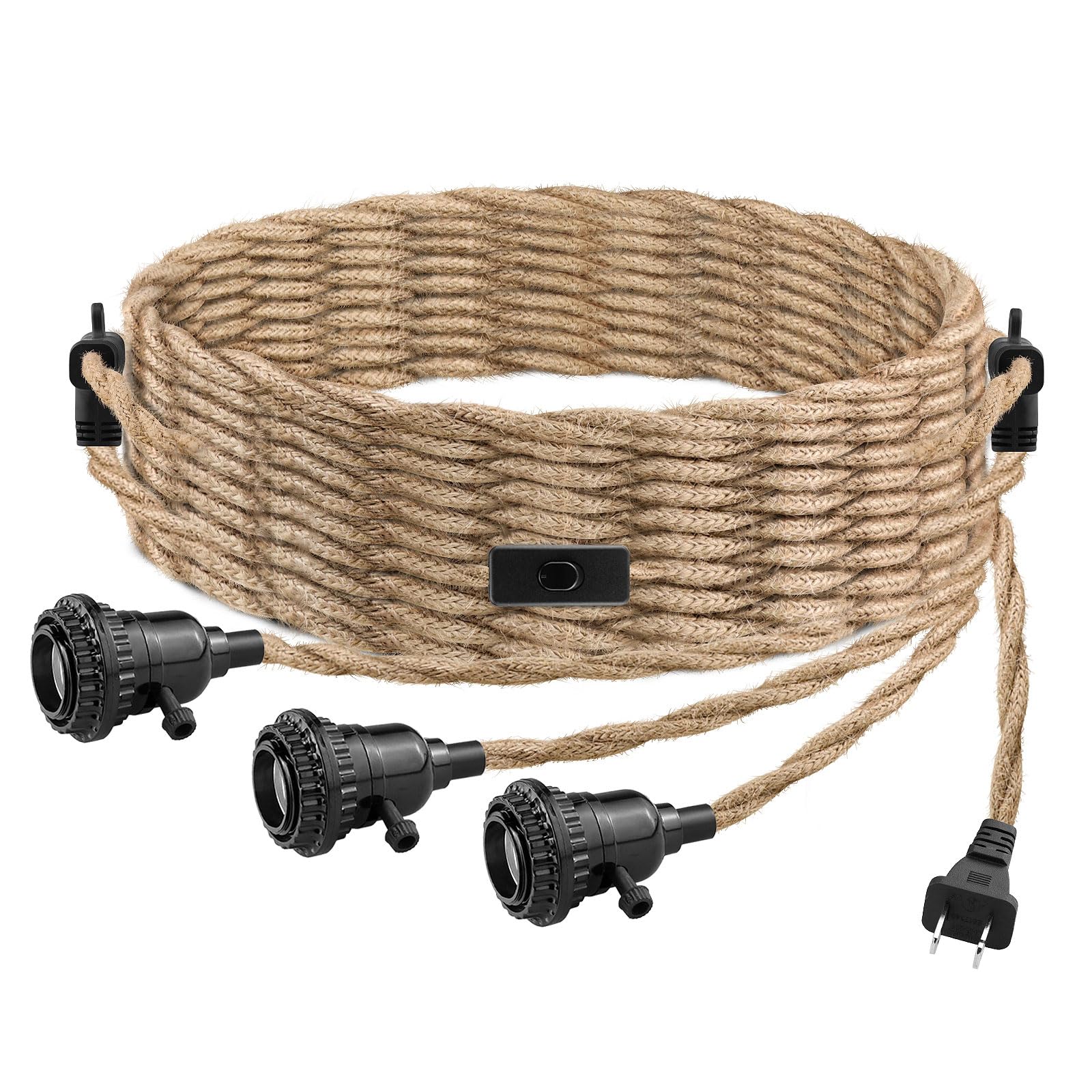 3 Light Plug-in Pendant Light Cord - 25FT Hanging Lights with Plug-in Cord & 2-Way Switch - Hemp Rope Farmhouse Pendant Light Kit for DIY Home Decor - Perfect for Kitchen Islands, Dining Rooms, and Bedroom Lighting