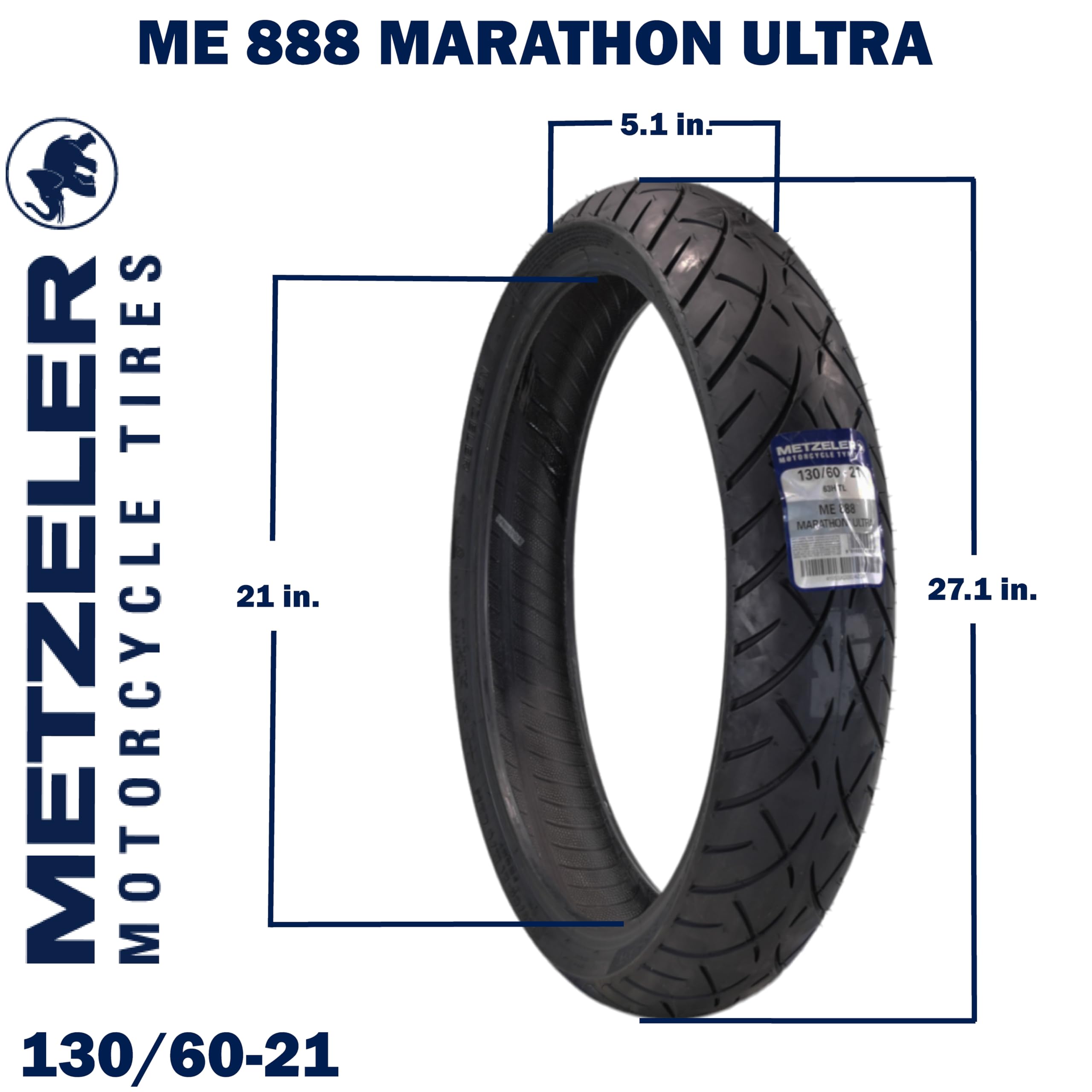 Metzeler ME 888 Marathon Ultra Front 130/60-21 63H Motorcycle Tire for Cruiser & Touring Bikes - High Mileage Durable Tire with Free Keychain - Perfect for Long Distance Rides, Highway Cruising & Adventure Touring