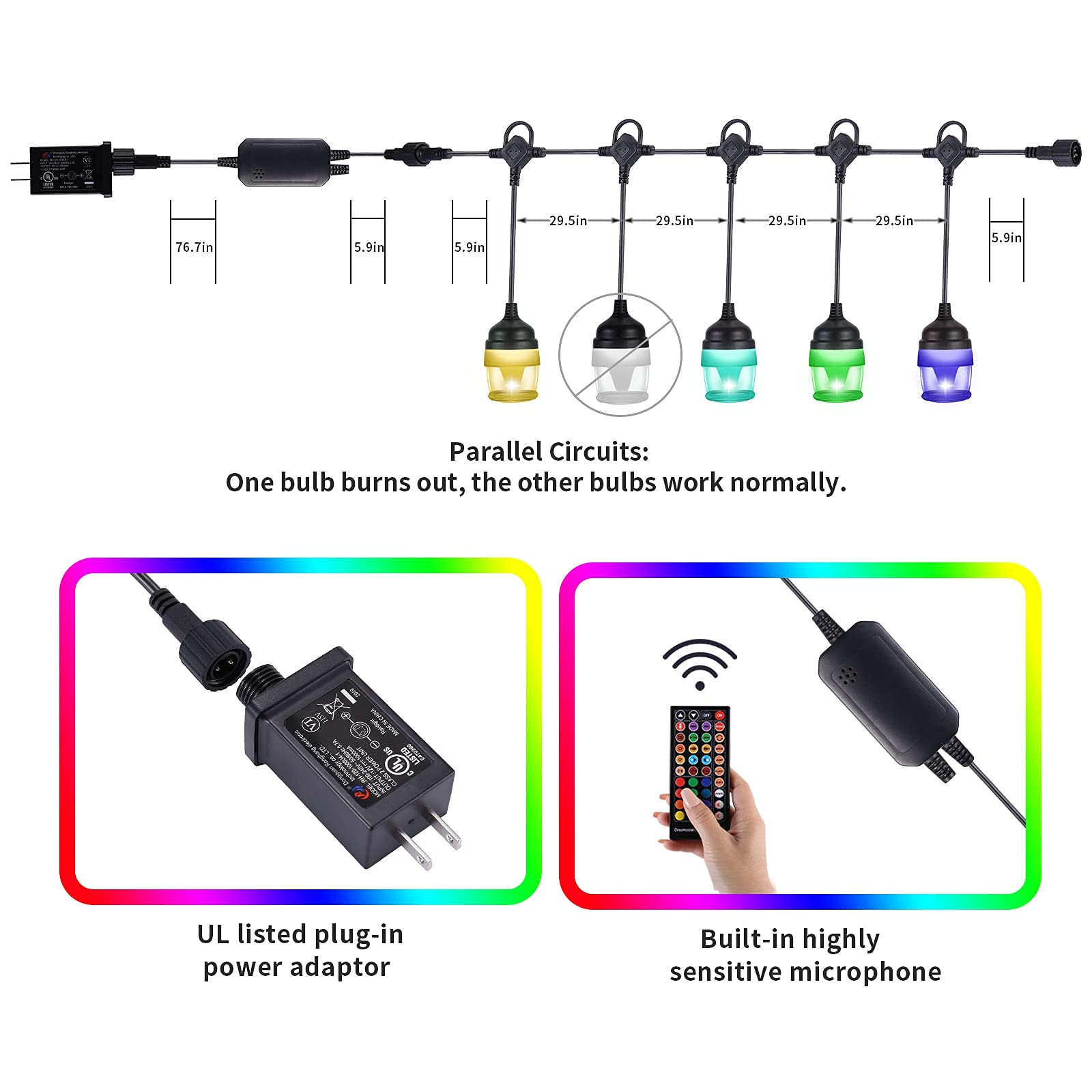 Outdoor LED String Lights Waterproof RGB Dimmable with Music Sync - 50ft Hanging Party Lights for Patio, Backyard, Garden, Cafe, Porch Decor - Perfect for Holiday, Wedding & Outdoor Atmosphere (White/Warm White)