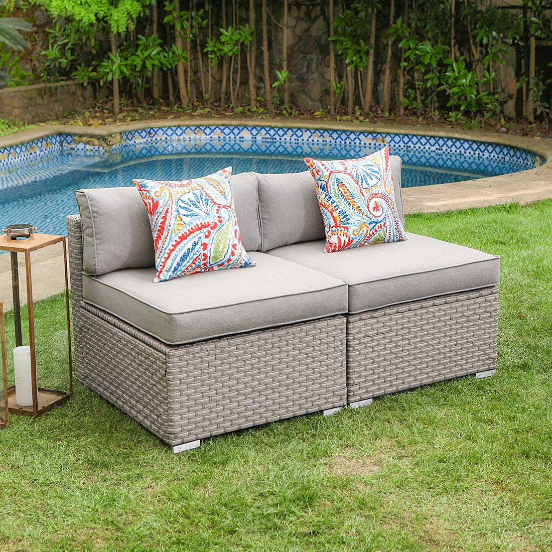 2-Piece Armless Outdoor Chairs for Wicker Sectional Sofa Set - Warm Gray Thick Cushions & Floral Pillows - Perfect for Garden, Pool, Backyard, Patio & Outdoor Relaxation