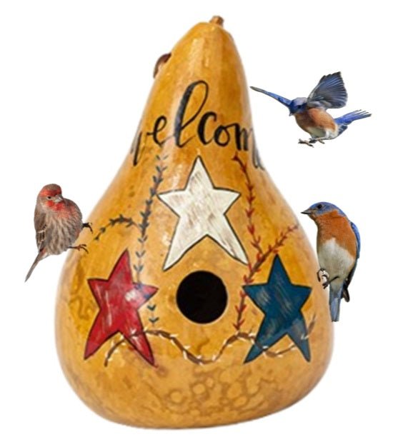 Amish Hand Painted Gourd Birdhouse with Patriotic Stars - Rustic Outdoor Garden Decor for Backyard, Patio & Wildlife Habitat