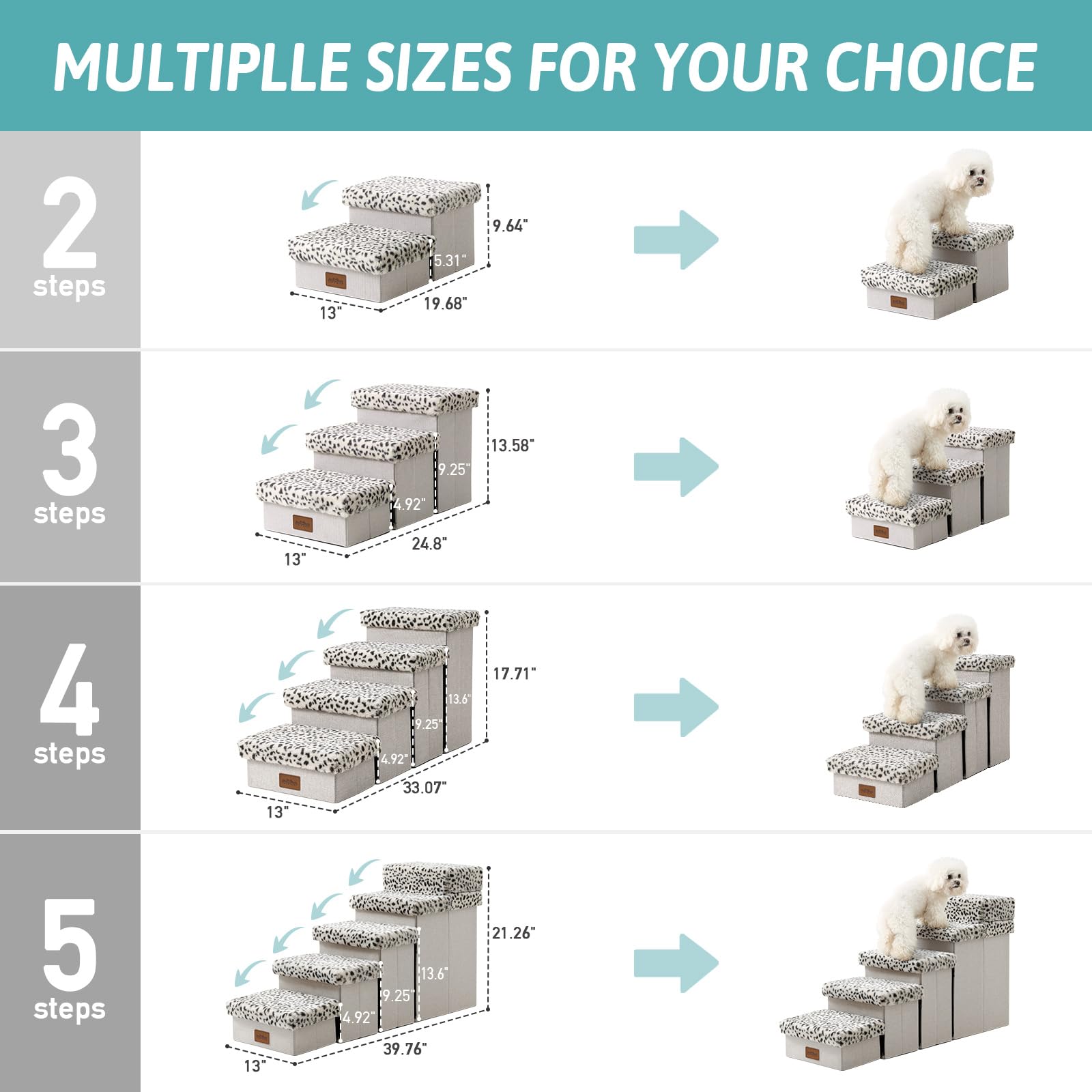 Foldable 4-Tier Dog Stairs for Small & Medium Dogs, Puppies & Older Cats - Soft Cover Pet Steps with Storage for Bed & Couch (33x13x17.7 Inch, Leopard Print) - Perfect for Elderly Pets & Home Furniture Access