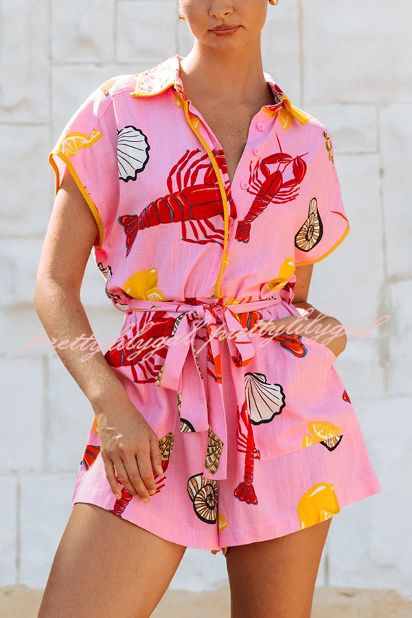 Stylish Printed Short Sleeve Waist Tie Pocket Romper for Women - Perfect for Summer Outings, Beach Vacations & Casual Wear