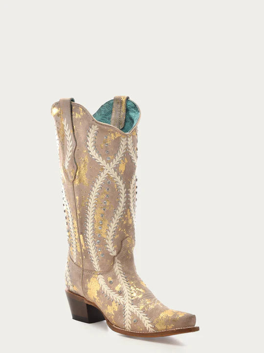 Women's White Embroidered Cowboy Boots with Crystals, Studs & Gold Accents - Stylish Snip Toe Western Boots for Country Music Festivals, Rodeos & Casual Outfits