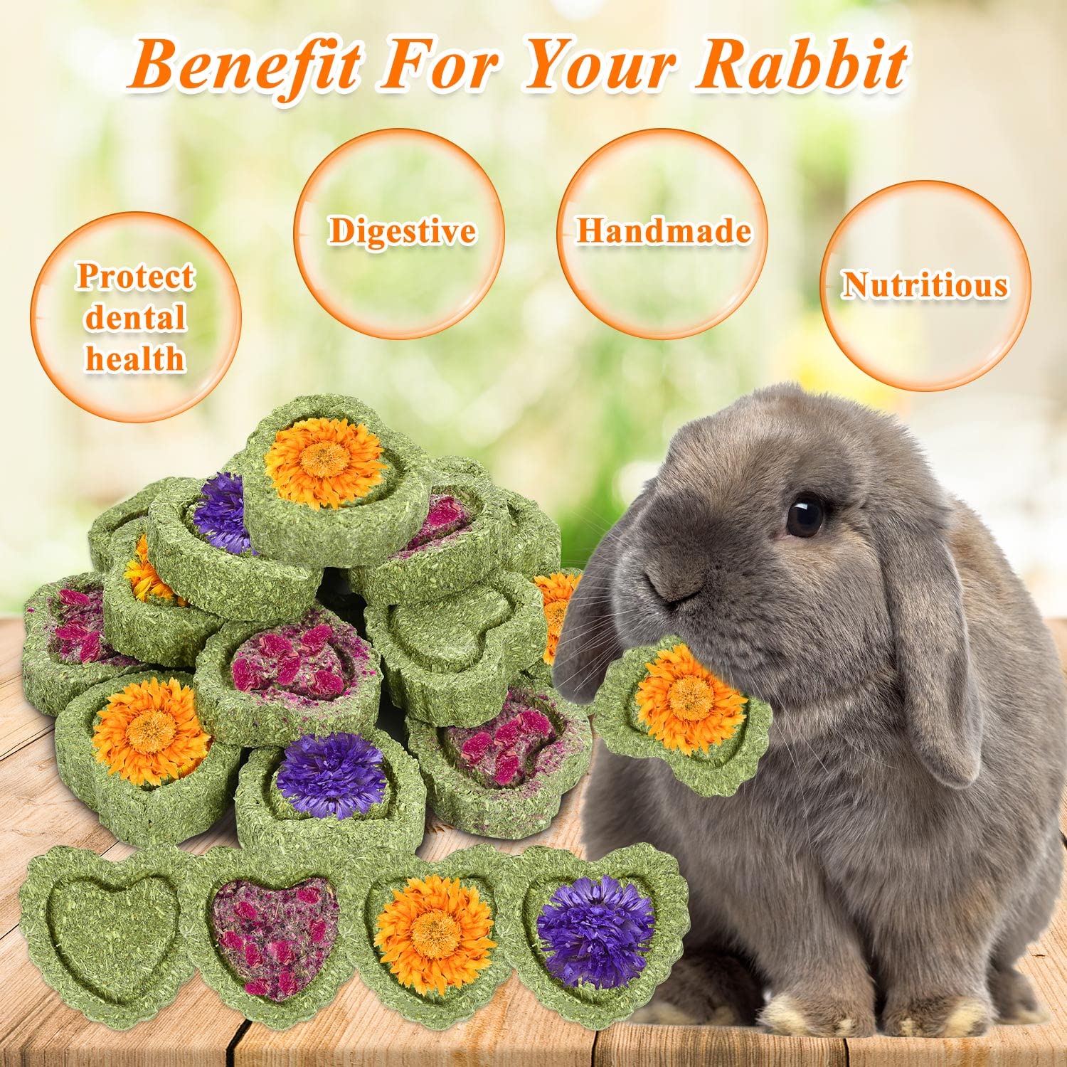 20PCS Bunny Chew Toys for Rabbits - Organic Timothy Hay Cakes for Small Pets Like Chinchillas, Hamsters & Guinea Pigs - Natural Teeth Care Chew Toys for Dental Health - Perfect for Cage Enrichment and Playtime