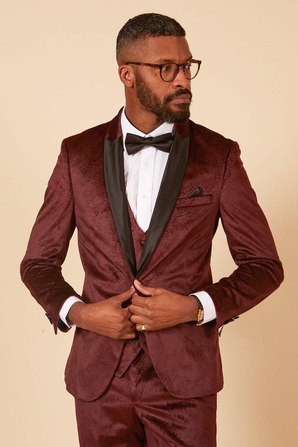 SIMON Black Velvet Tux Lapel Jacquard Blazer for Men | Formal Dinner Jacket | Wedding, Prom & Evening Wear
