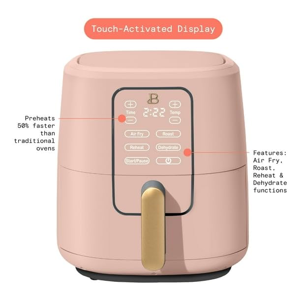 Drew Barrymore 6 Qt Air Fryer with TurboCrisp Technology, Touch-Activated Display & Adjustable Temperature - Perfect for Healthy Frying, Roasting & Baking at Home