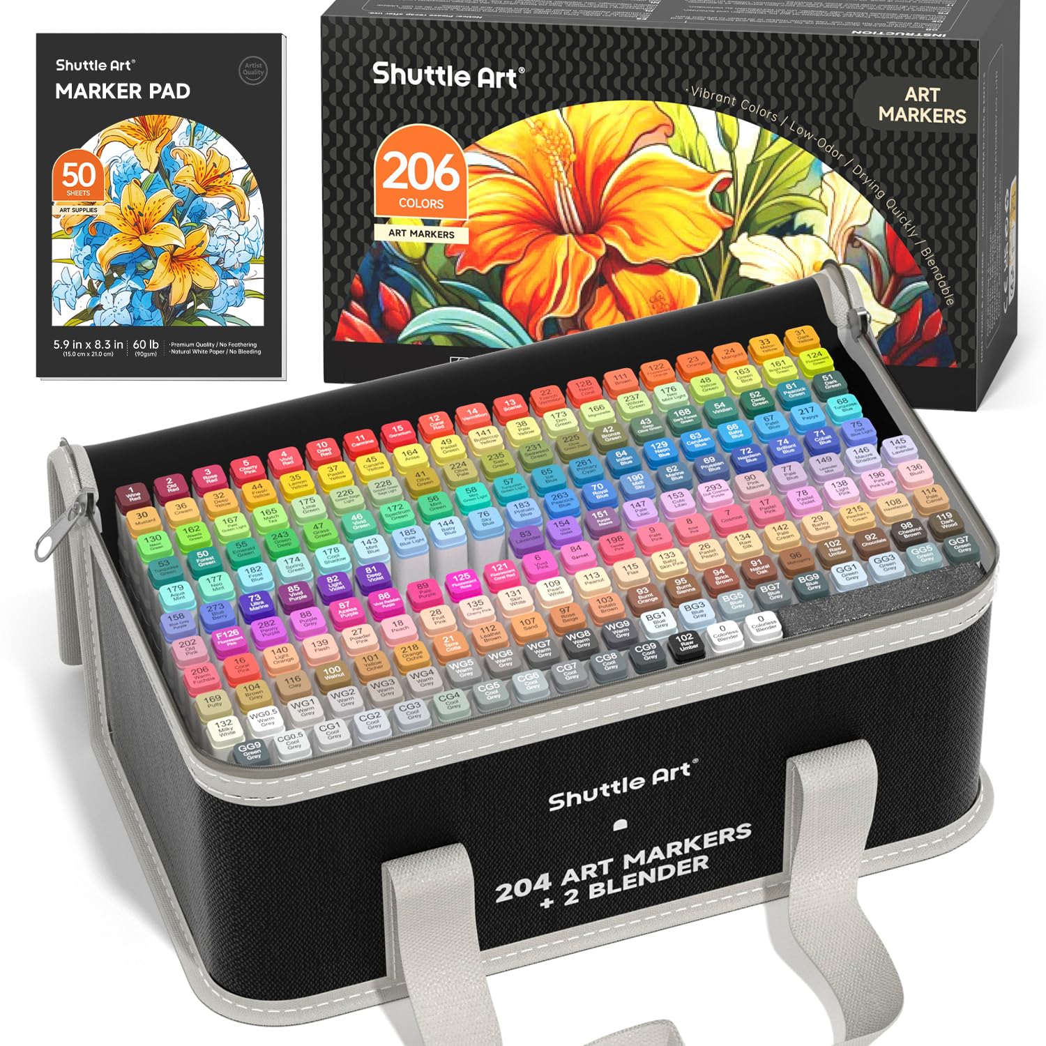 Shuttle Art 205 Colors Dual Tip Alcohol Markers Set - 204 Vibrant Permanent Markers with 1 Blender, Marker Pad, Storage Case & Color Chart - Ideal for Adult & Kid Artists, Drawing, Coloring Books, Sketching, Card Making, Bullet Journaling, DIY Crafts & Home Decor Projects