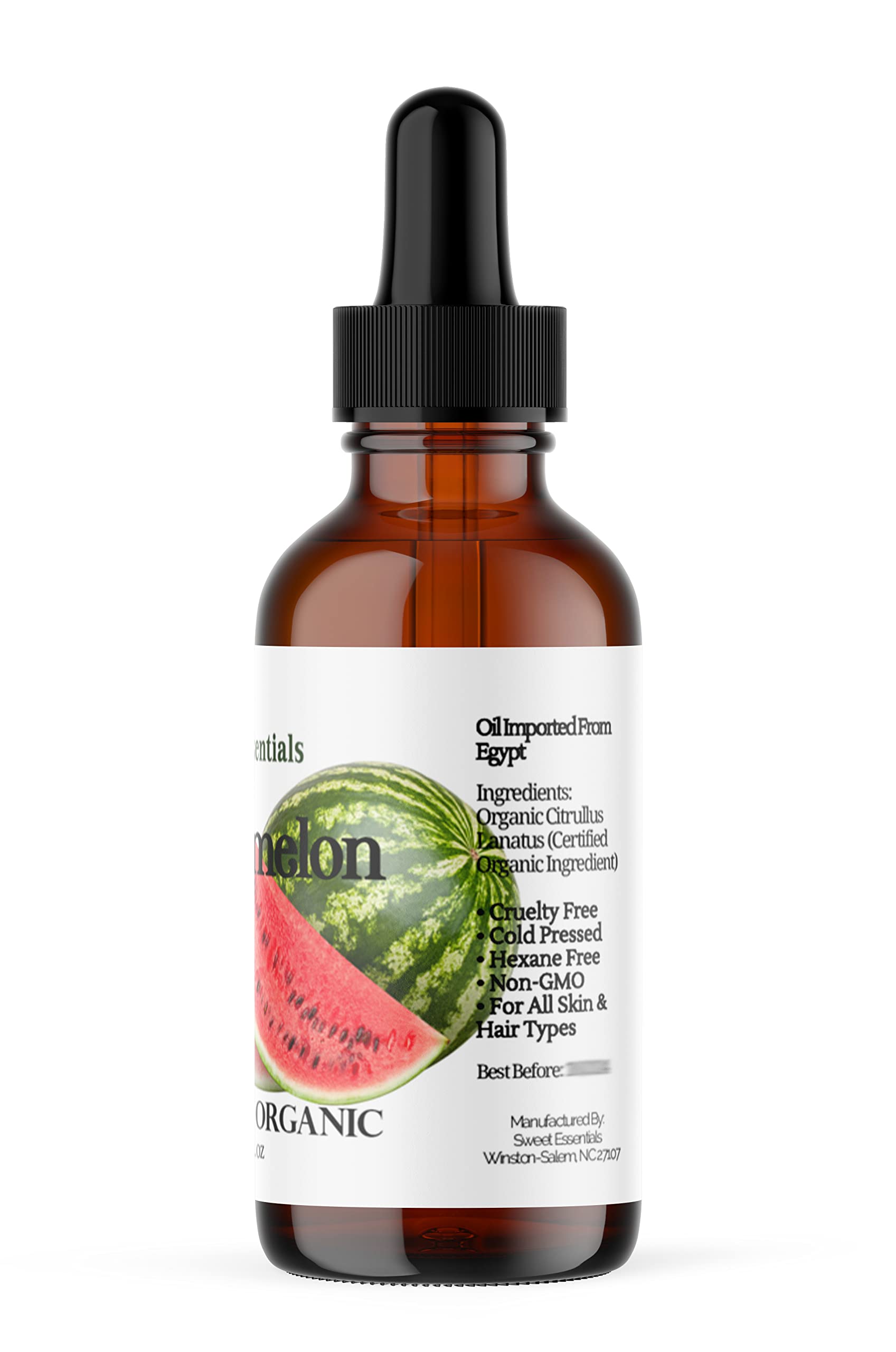 100% Pure Organic Watermelon Seed Oil - Cold-Pressed, Natural Moisturizer for Skin, Hair & Face Care | Imported from Egypt | 2 fl oz Glass Bottle by Sweet Essentials | Perfect for DIY Beauty Recipes, Massage Therapy & Aromatherapy