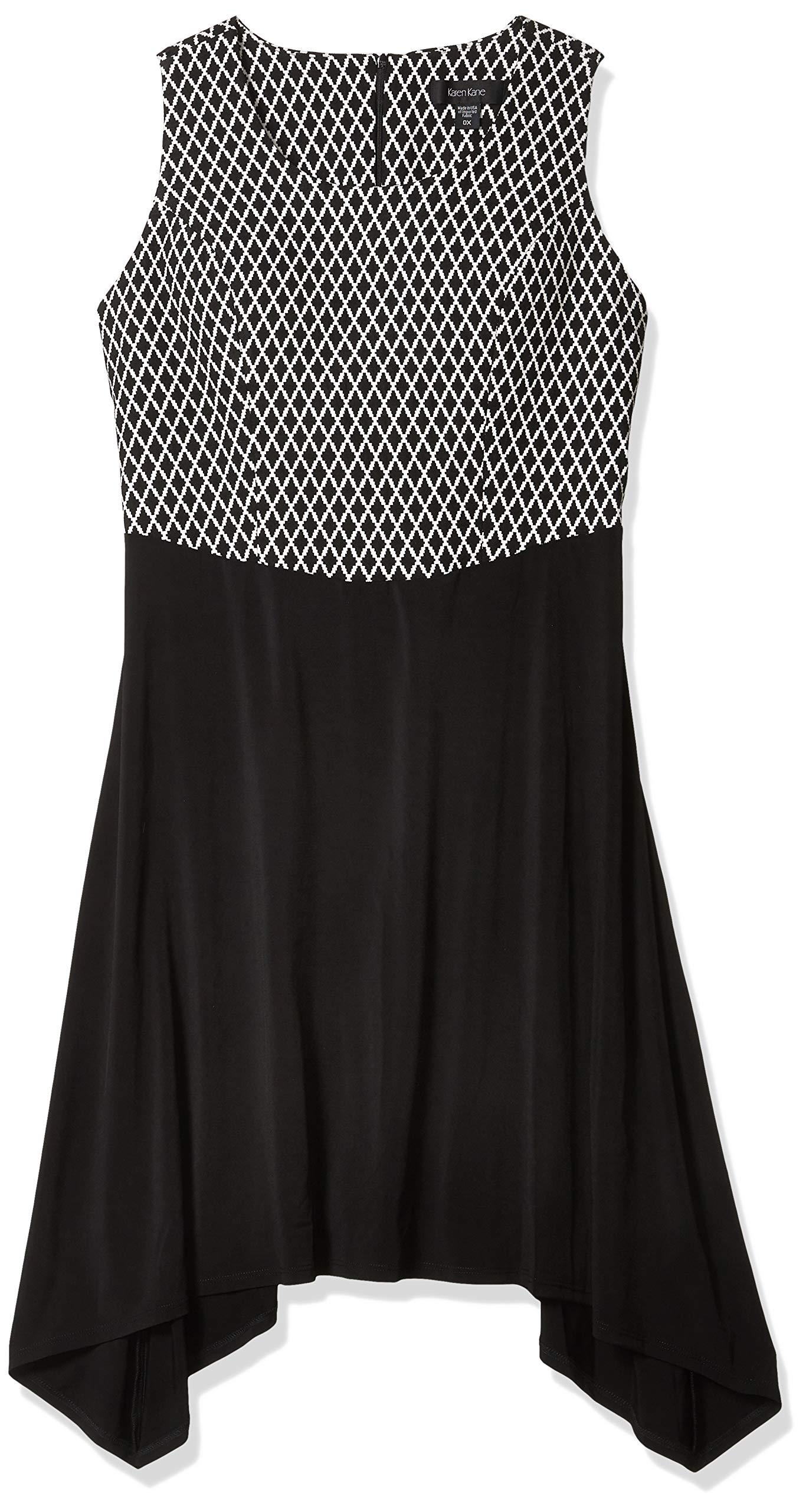 Karen Kane Women's Plus Size Diamond Contrast Handkerchief Dress - Elegant Flowy Midi Dress for Wedding Guest, Cocktail Party & Special Occasions