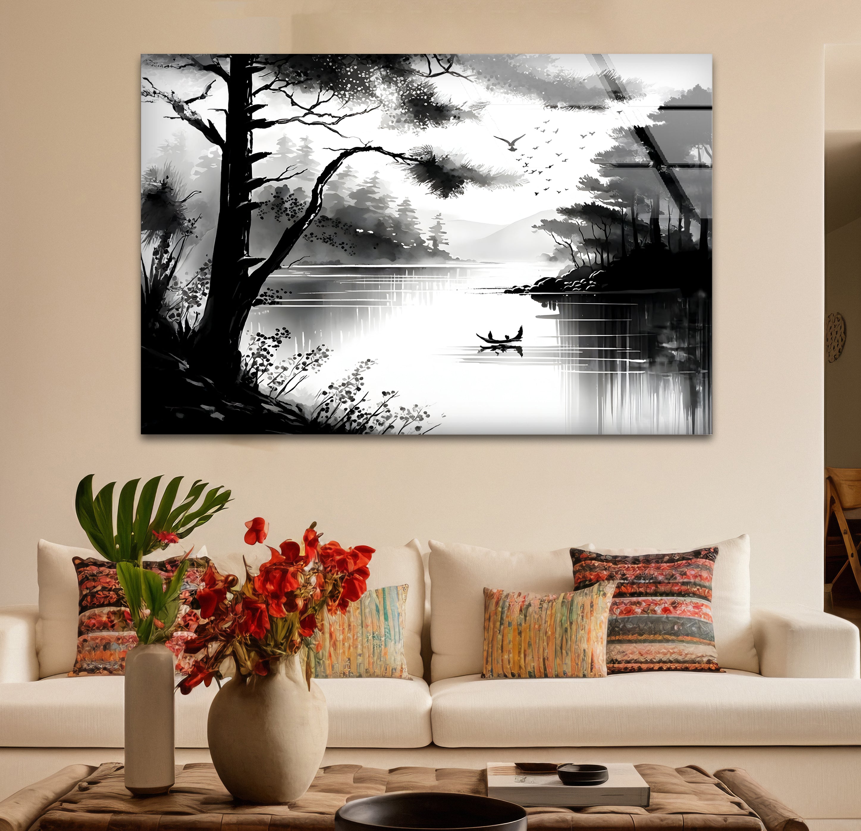 Stunning Black and White Lake View Glass Wall Art - Modern Home Decor for Living Room, Bedroom & Office - Perfect for Nature Lovers & Interior Design