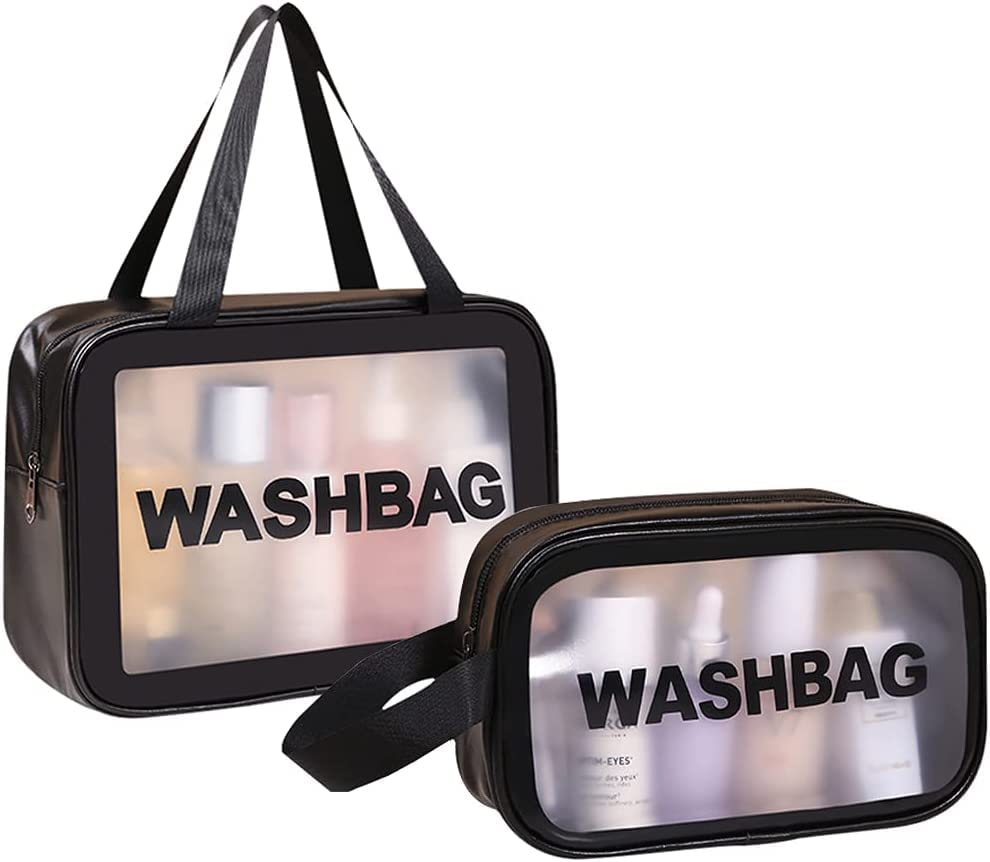2 Pack Transparent Cosmetic Bags - Small & Large Waterproof Makeup Organizer with Zipper & Handle for Travel, Toiletries & Daily Essentials | Perfect for Airplane Carry-on, Gym & Beauty Storage