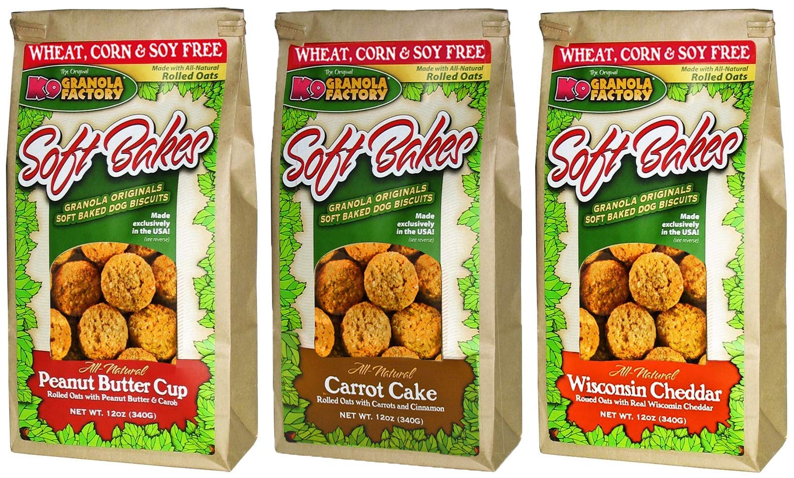 K9 Granola Factory 3 Flavor Soft Bakes Dog Treat Variety Pack - Peanut Butter Cup, Carrot Cake & Wisconsin Cheddar (12oz Each) | Healthy Natural Dog Snacks for Training, Rewards & Special Occasions