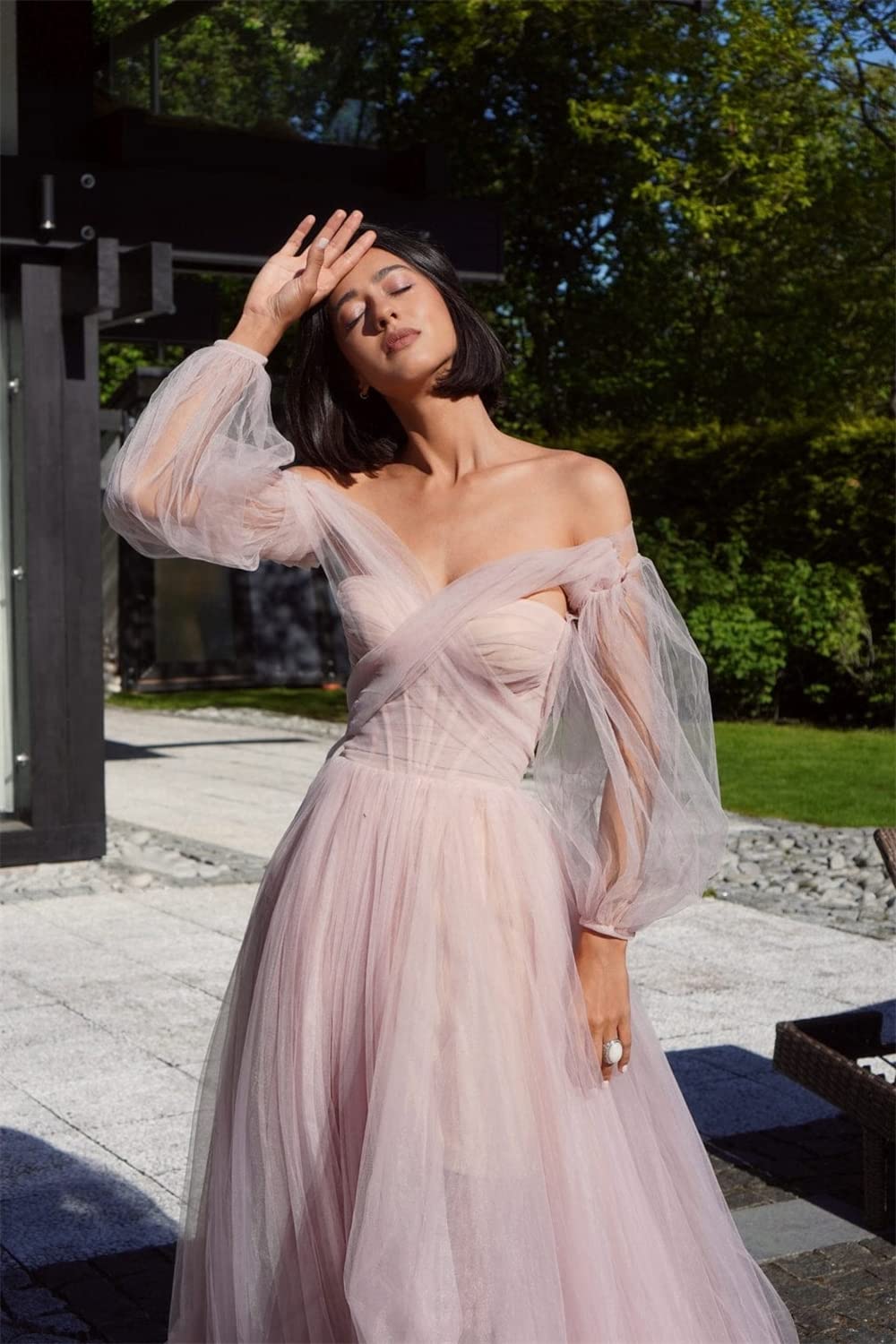 Elegant Off-Shoulder Tulle Maxi Dress with Sheer Puffy Sleeves for Women - Perfect for Evening Parties, Prom, Wedding Guest & Special Occasions