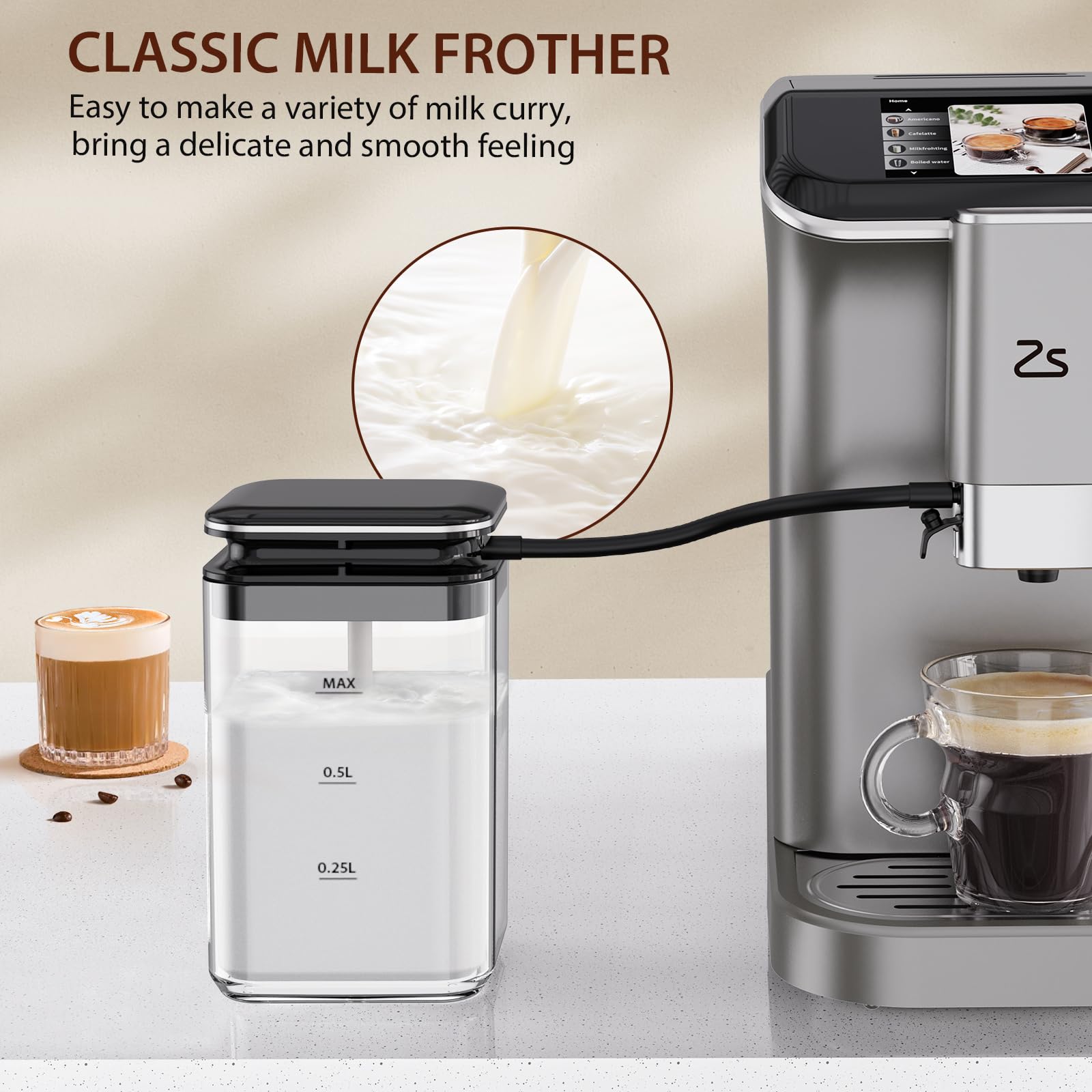 Fully Automatic Espresso Machine with Milk Frother - Built-In Adjustable Coffee Grinder, 15 Grind Size Levels, 1.5L Water Tank, Auto-Cleaning - Perfect for Home Baristas to Make Espresso, Cappuccino & Latte - Ideal for Morning Coffee, Entertaining Guests & Office Break Rooms