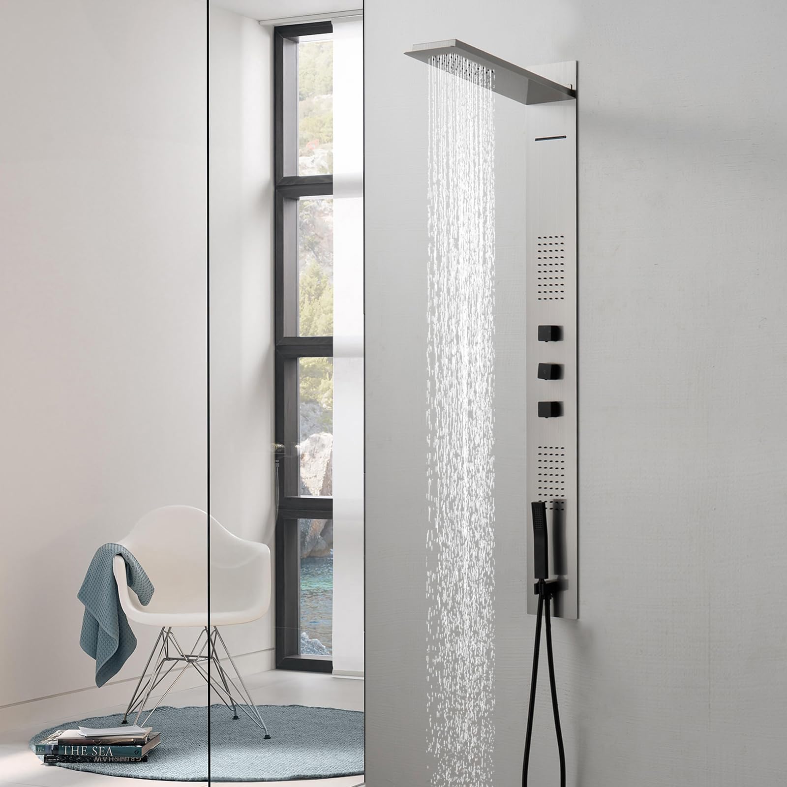 BWE 2-Jetted Shower Panel System with Rainfall Shower Head & Handheld Spray - Brushed Nickel & Black Stainless Steel - Perfect for Spa-Like Bathroom Upgrades & Luxury Home Renovations