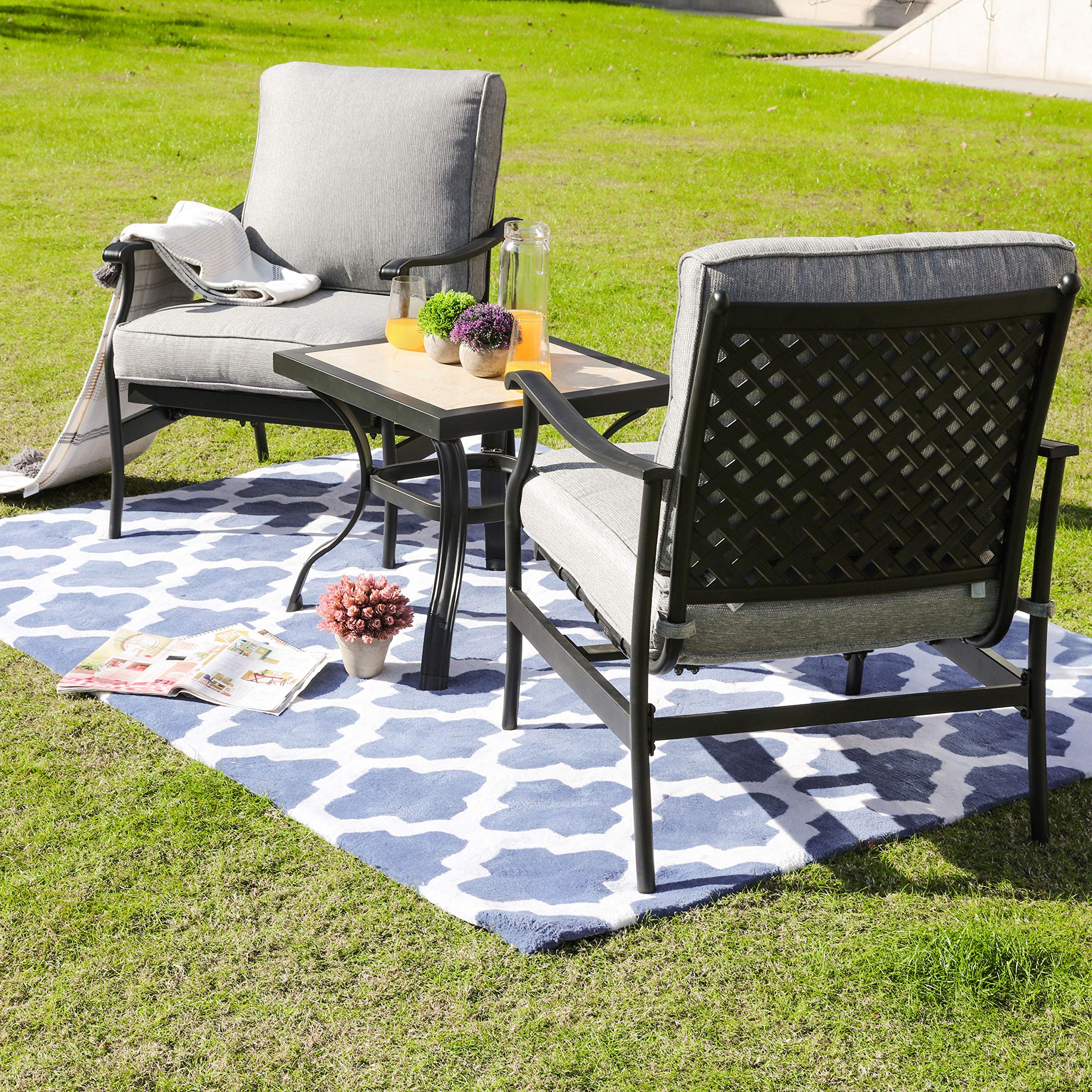 3-Piece Outdoor Patio Dining Set - Square Metal Table & 2 Armchairs with Thick Cushions - Grey Garden Bistro Furniture for Backyard, Deck, and Poolside Relaxation
