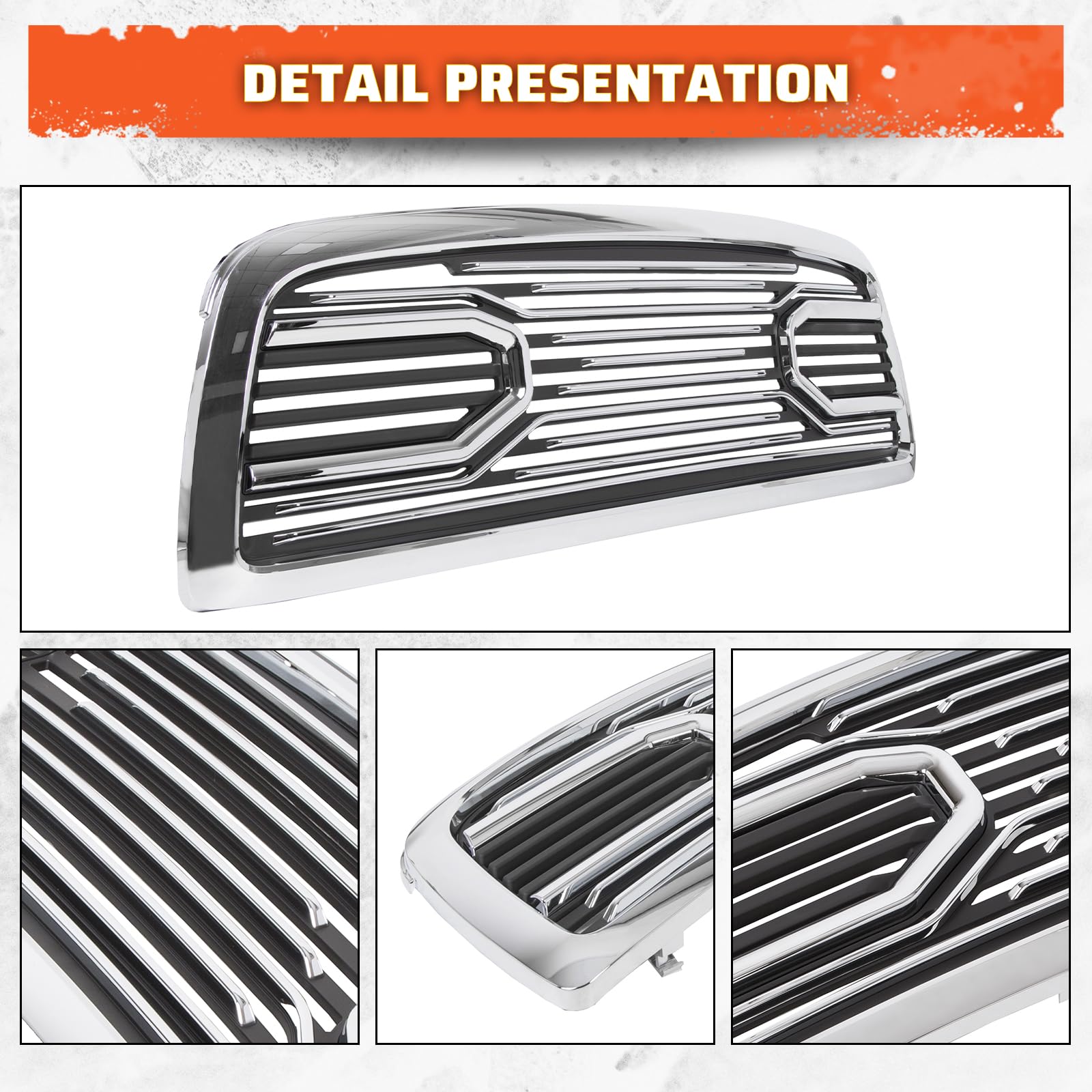 ECOTRIC Chrome Front Bumper Grill Replacement for 2009-2012 Dodge Ram 1500 | Hood Grille Shell Without Lights | Perfect for Off-Roading & Truck Customization