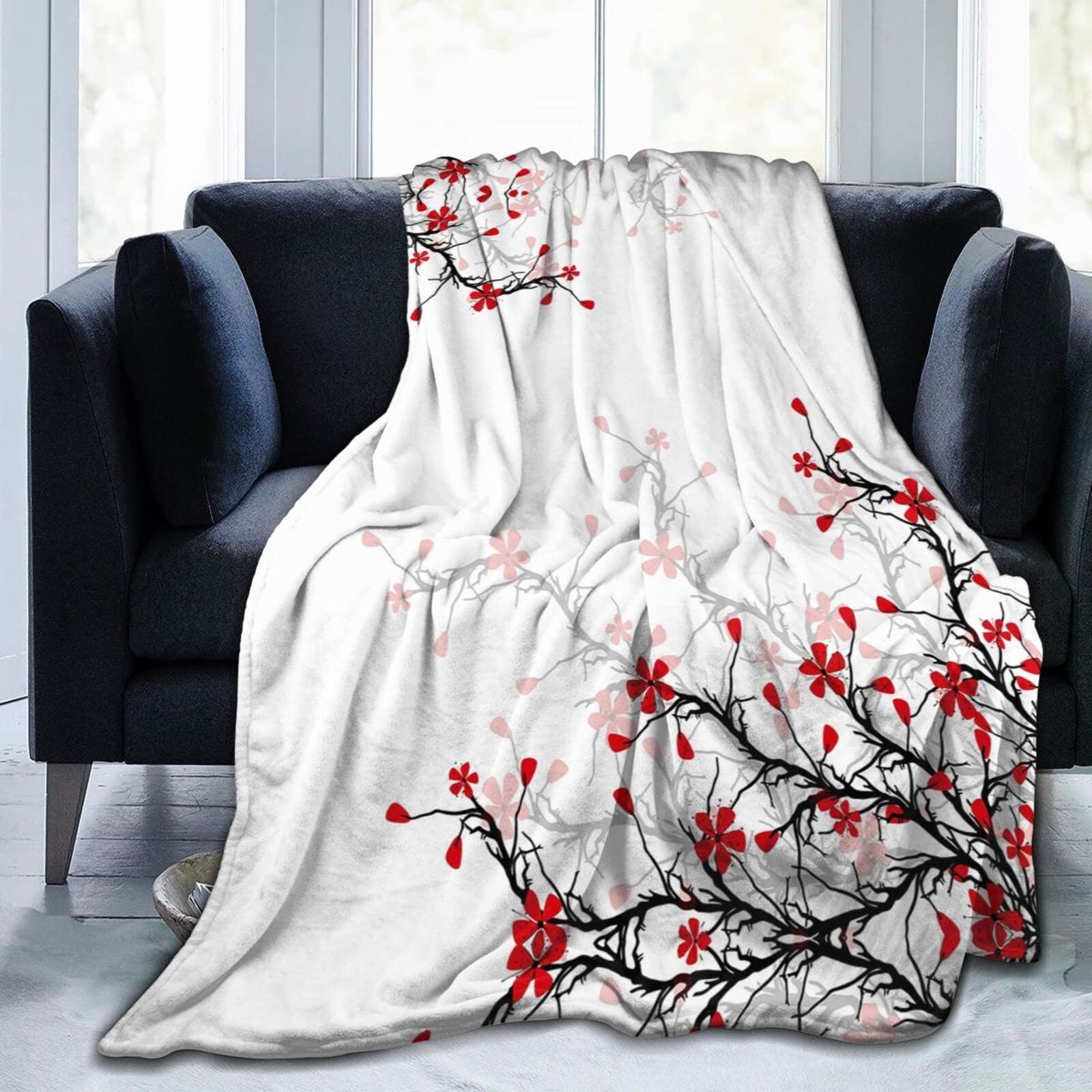 Japanese Cherry Blossom Flannel Fleece Throw Blanket - Soft & Warm Lightweight Blanket for Bed, Couch, Living Room, Office - 60
