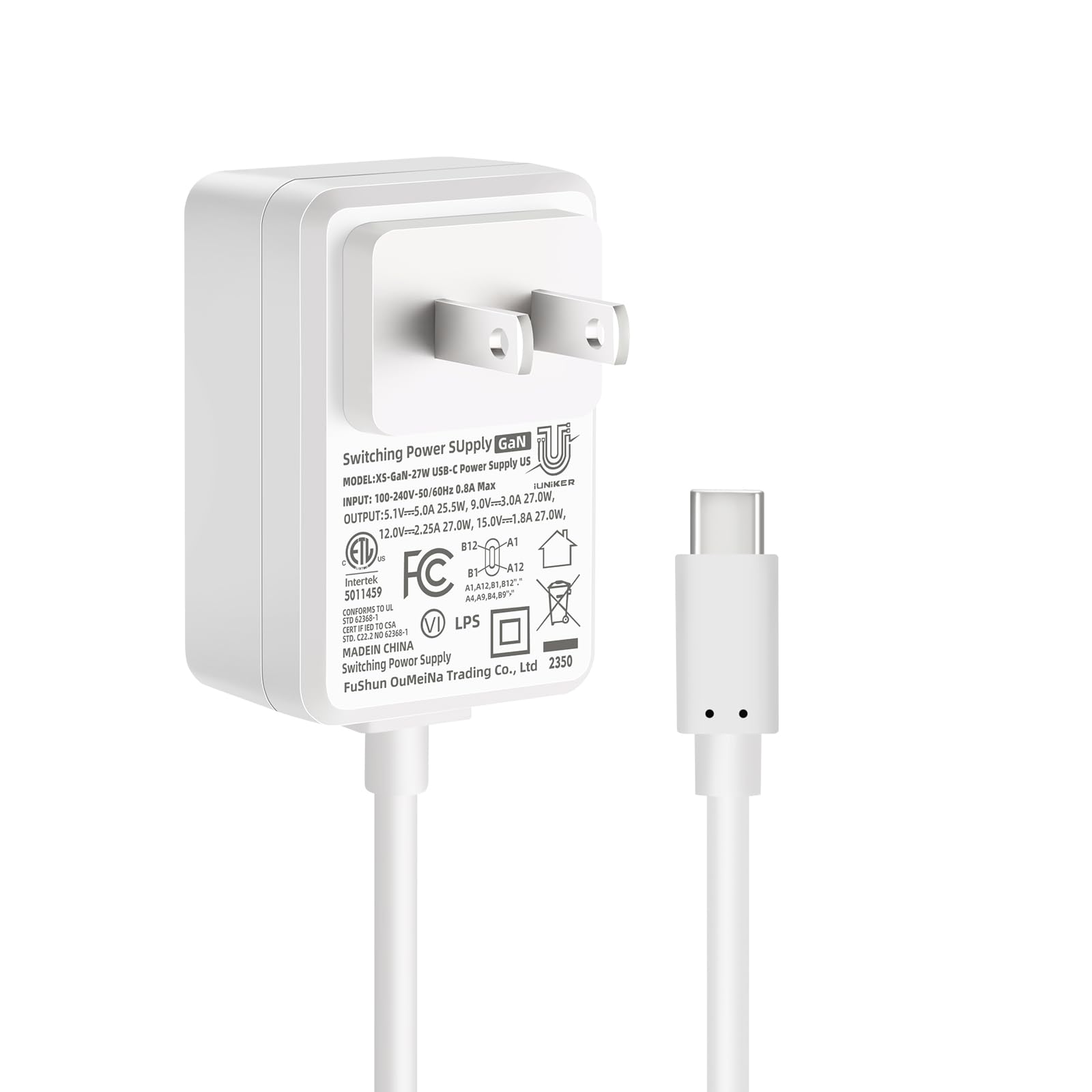 iUniker 27W GaN PD USB-C Power Supply for Raspberry Pi 5 - 5.1V 5A Fast Charging Adapter (ETL Certified) - Perfect for Raspberry Pi 5 Power Needs & Portable Electronics Charging