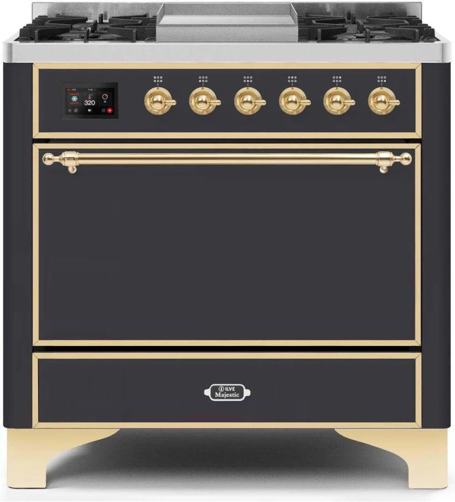 ILVE Majestic II 36 Inch Dual Fuel Range Stove - Matte Graphite Finish with Brass Trim - Professional Gas & Electric Oven for Home Chefs - Perfect for Gourmet Cooking, Baking, and Entertaining