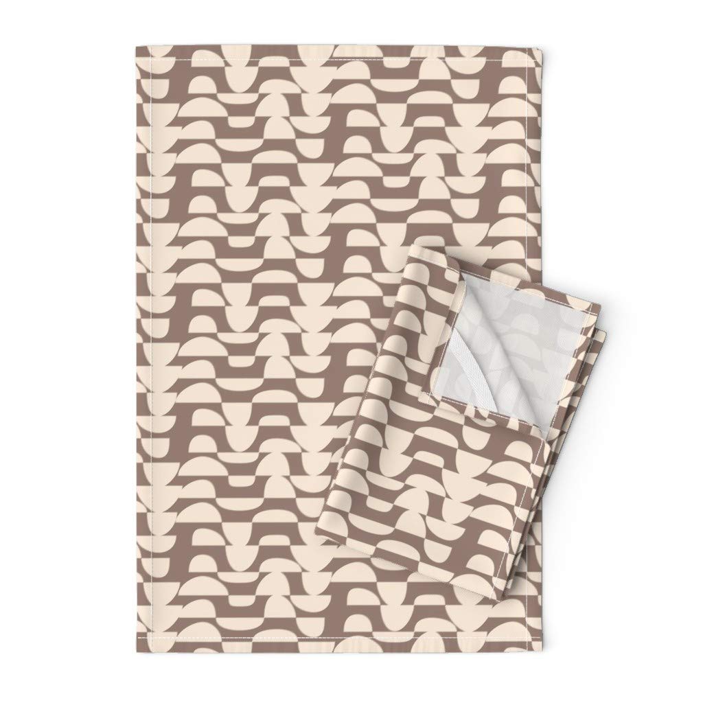 Premium Spoonflower Printed Tea Towel - Linen Cotton Canvas Kitchen Towel with Latte Stripe & Abstract Circle Design | Elegant Neutral Mod Decor for Cooking, Dining & Home Decoration