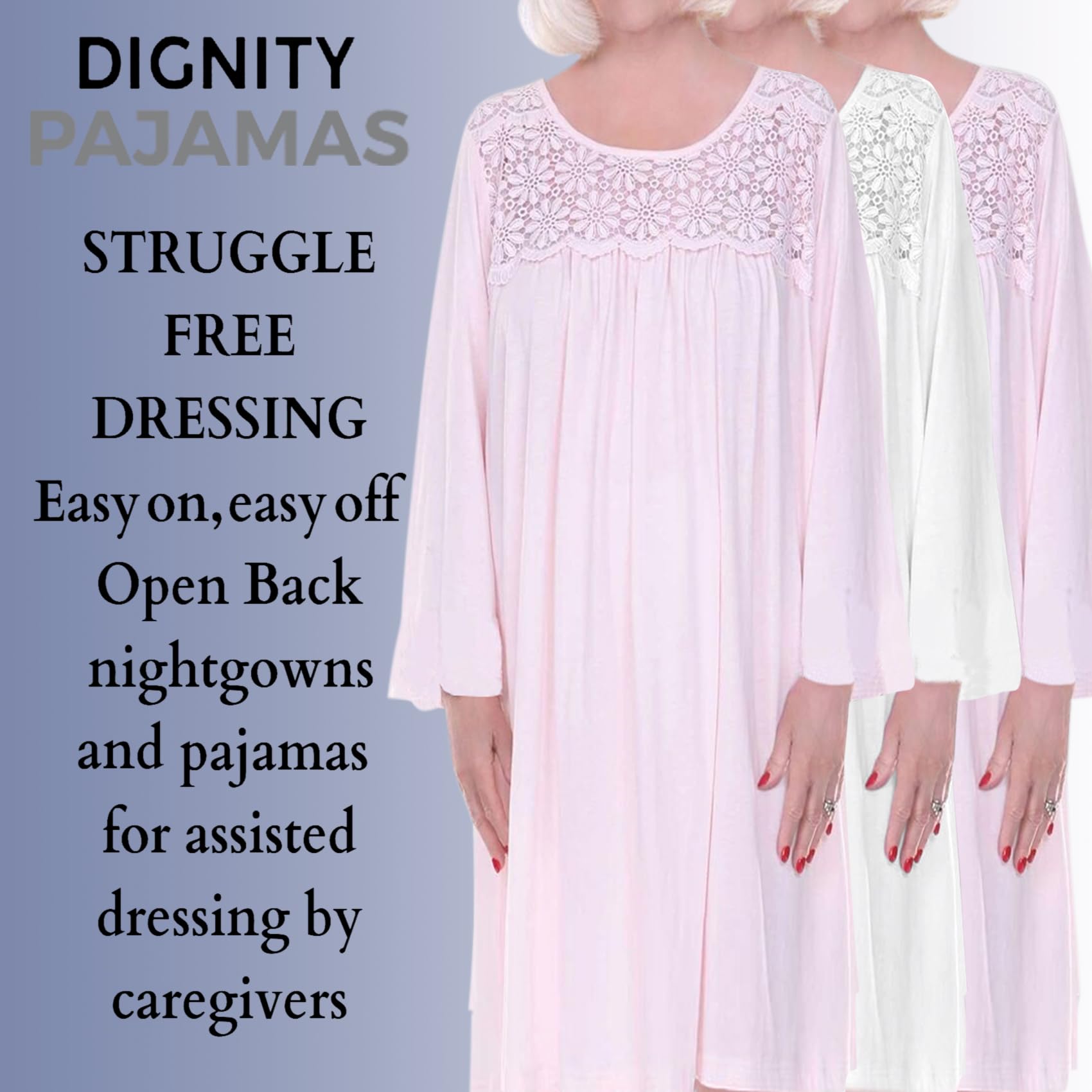 3-Pack Open Back Nightgown for Women - Cotton Long Sleeve Lace Nightgowns for Bedridden Patients - Comfortable Pink Nightwear (Size L-XL) | Perfect for Elderly Care, Hospital Recovery & Home Nursing