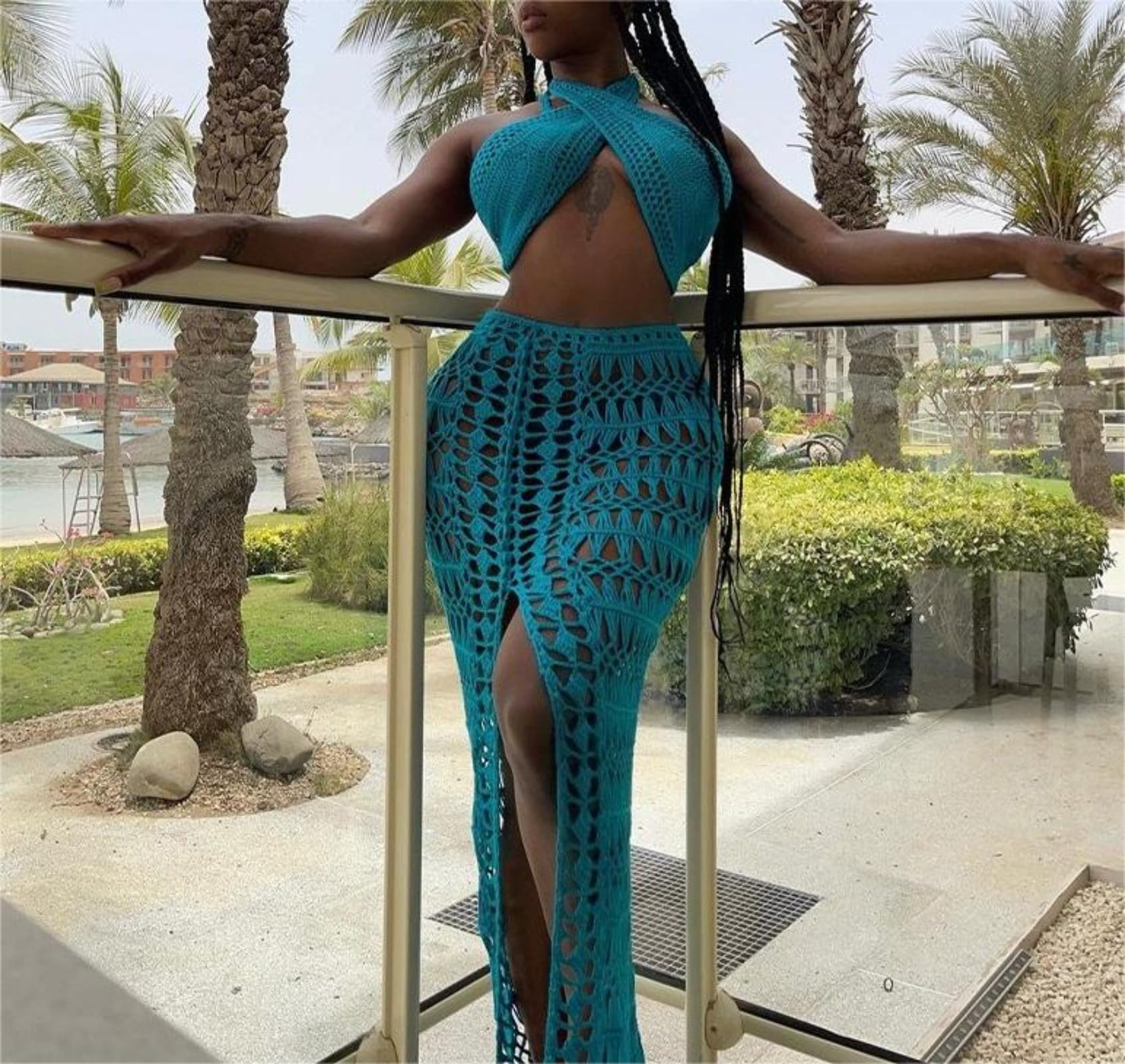 Sexy Women's 2-Piece High-Slit Maxi Skirt Set - Halter Bodycon Hollow Out Knit Outfit for Beach, Party & Y2K Fashion | Summer Vacation & Date Night Outfits