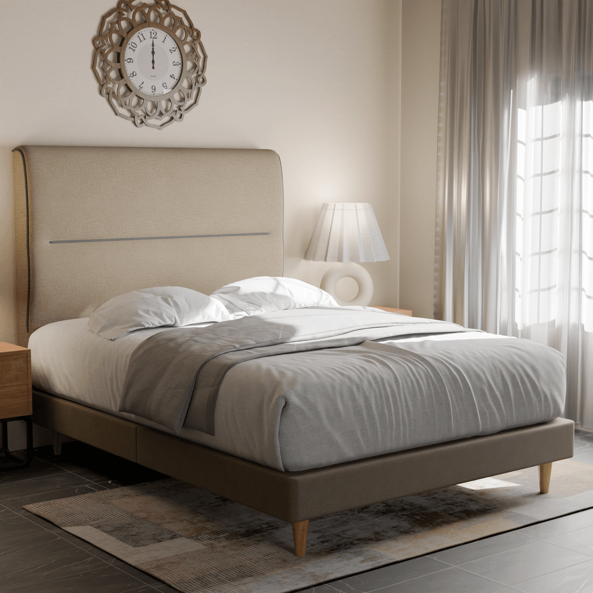 Emilia Fabric Upholstered Bed Frame - Queen Size, Modern Platform Bed with Wooden Slats, Noise-Free Support - Perfect for Master Bedroom, Guest Room & Apartment