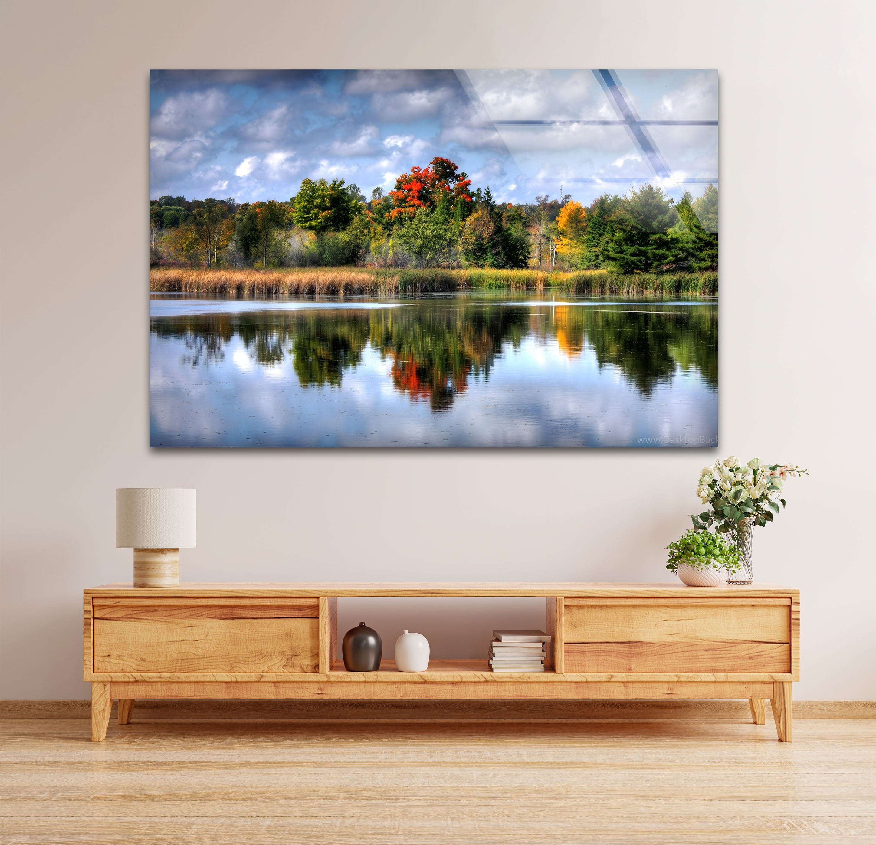 Autumn Reflections Scenic Forest Lake Glass Wall Art - Stunning Nature Decor for Living Room, Bedroom & Office