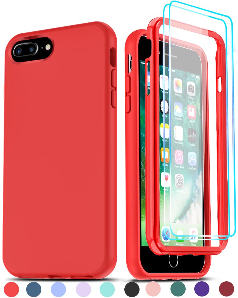 LeYi Shockproof Hybrid Phone Case for iPhone 6/6s/7/8 Plus - Soft Silicone Full Body Protection with 2X Tempered Glass Screen Protectors (Red) - Perfect for Daily Use, Outdoor Activities & Travel Protection