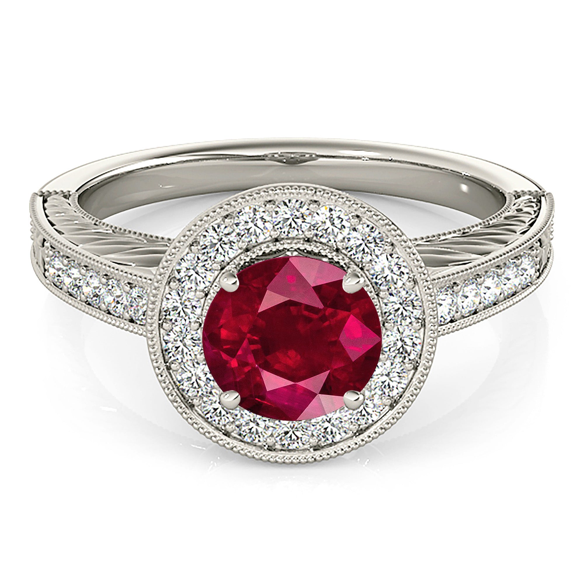1.45 Carat Genuine Ruby Ring with Halo & Filigree Diamond Band - Elegant Engagement, Wedding, Anniversary Gift for Women