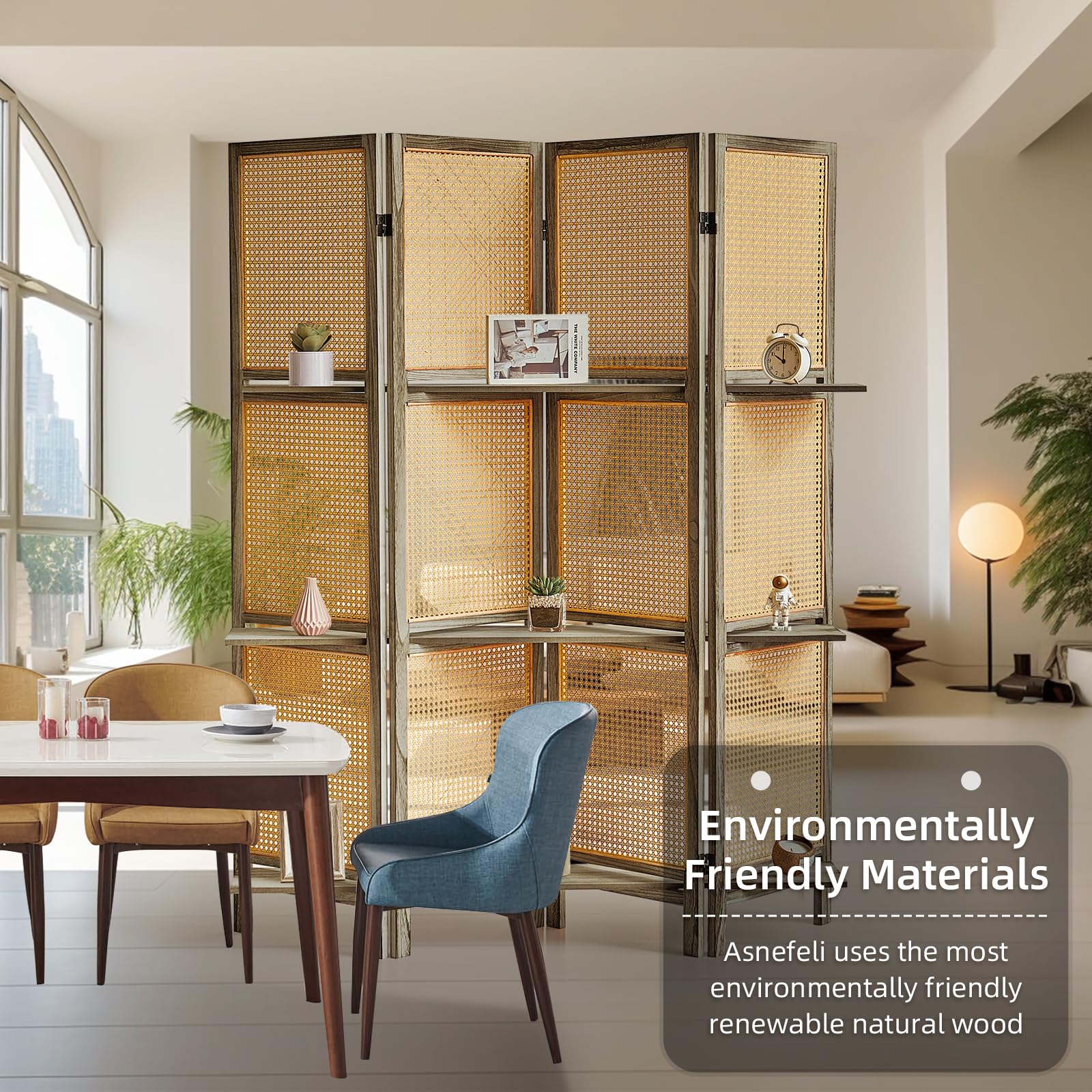 4 Panel Wooden Room Divider with Shelves - Foldable Rattan Privacy Screen, Portable Partition for Home & Office - Perfect for Room Separation, Dressing Room, Studio, or Event Decoration (Brown)
