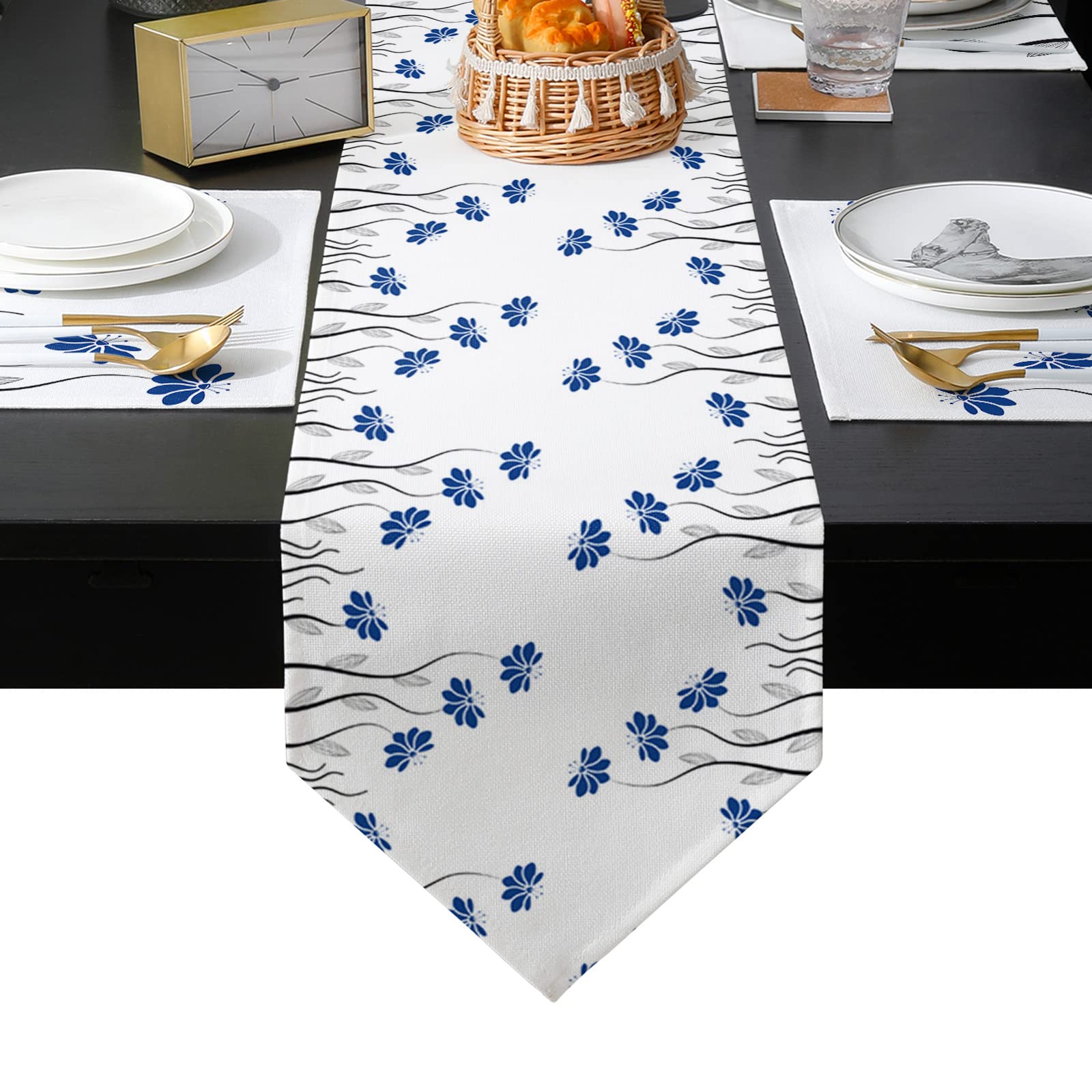 6-Piece Non-Slip Washable Table Runner Set - 13x90 Inch Floral Table Mat for Kitchen, Dining & Coffee Tables - Blue Artistic Flower Design - Perfect for Home Decor, Parties & TV Stand Decoration