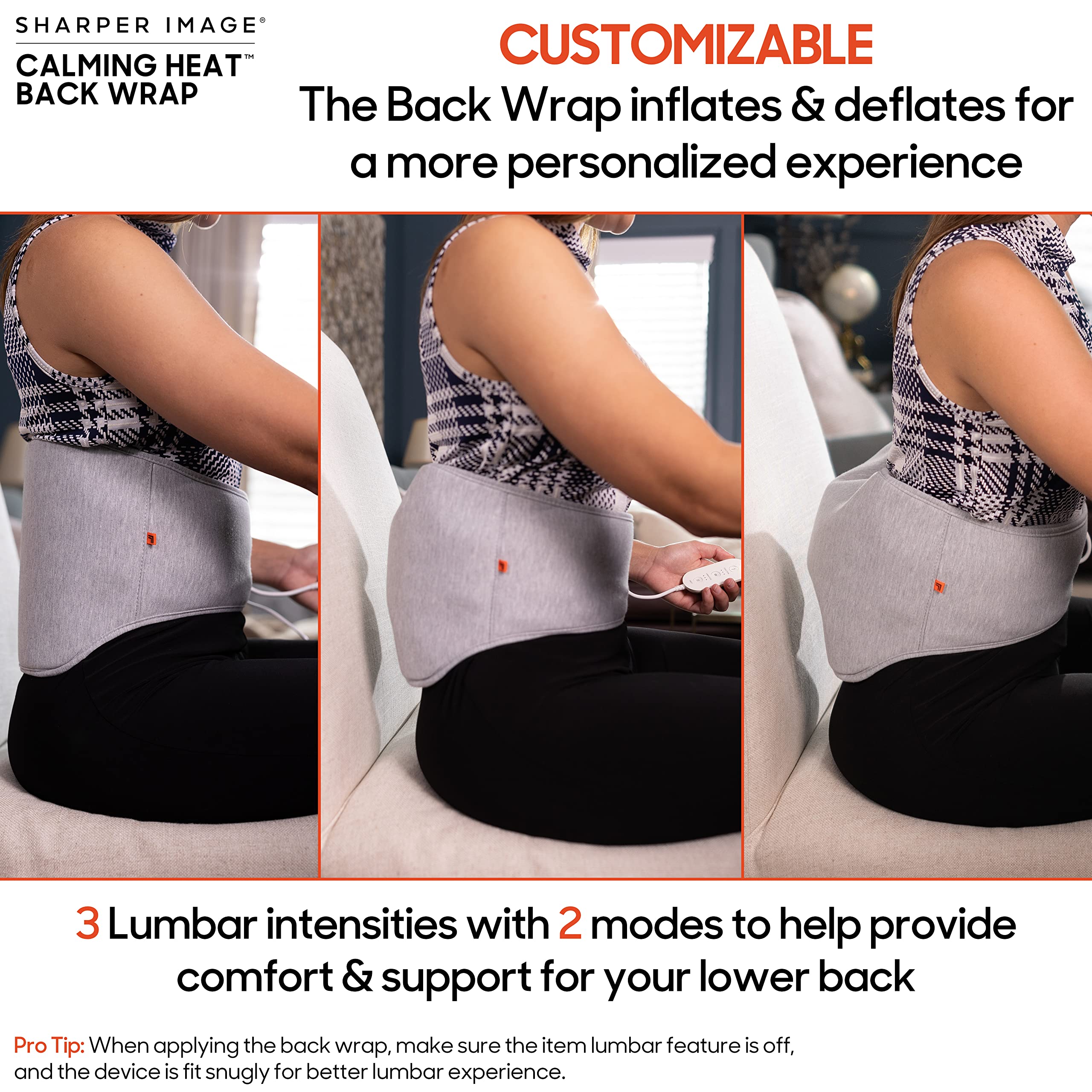 Sharper Image Electric Heating Pad for Back Pain Relief - Adjustable Lumbar Support with 9 Settings (3 Heat, 3 Vibration, 3 Massage) - Portable Heat Therapy Wrap for Office, Home & Travel Use